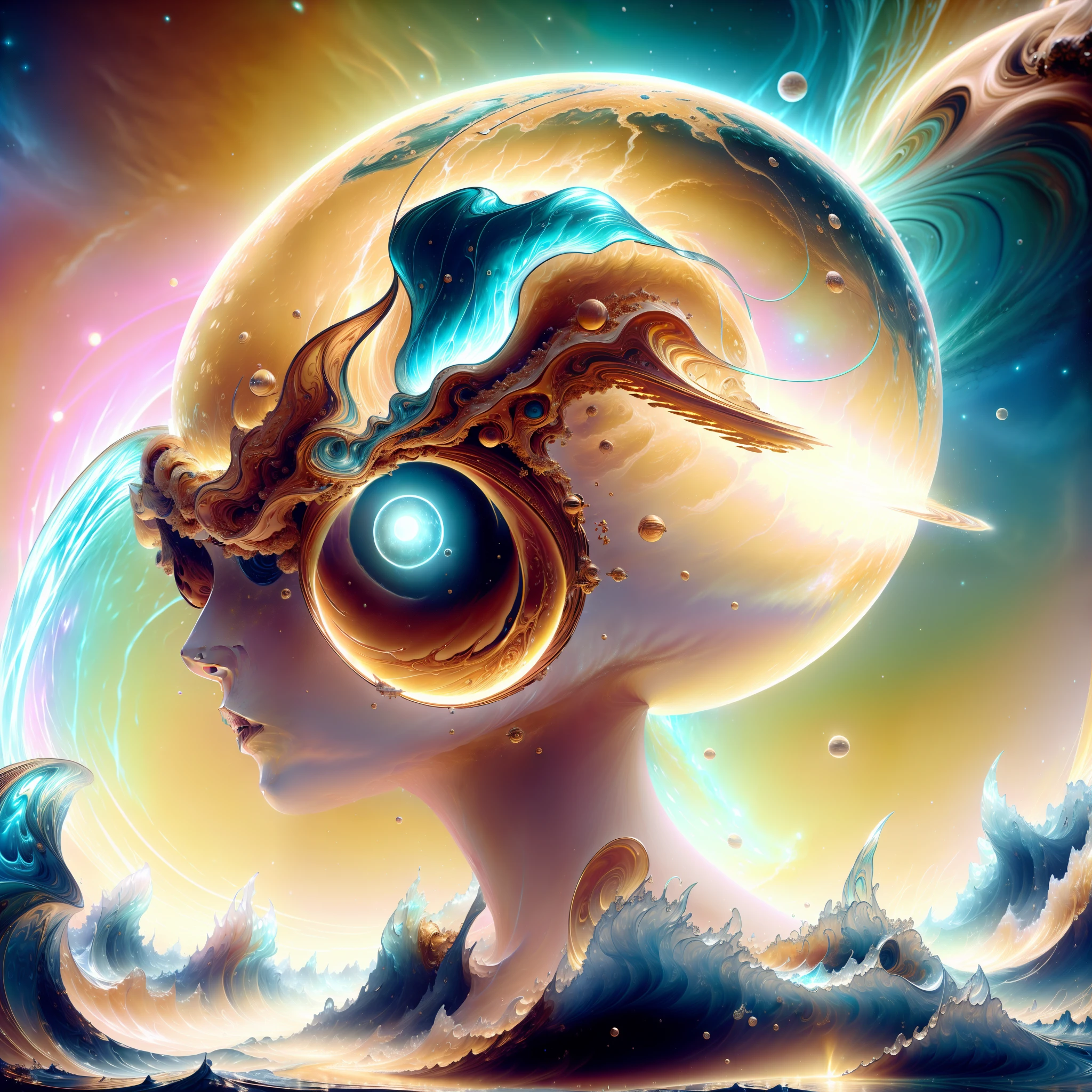 a highly detailed surreal airbrushed art of dopamine flowing from Venus and through space into me, yellow, CGSociety, Unreal Engine, 8K, render, CGI, concept art, trending on artstation, dutch golden hour, ddreamlike style