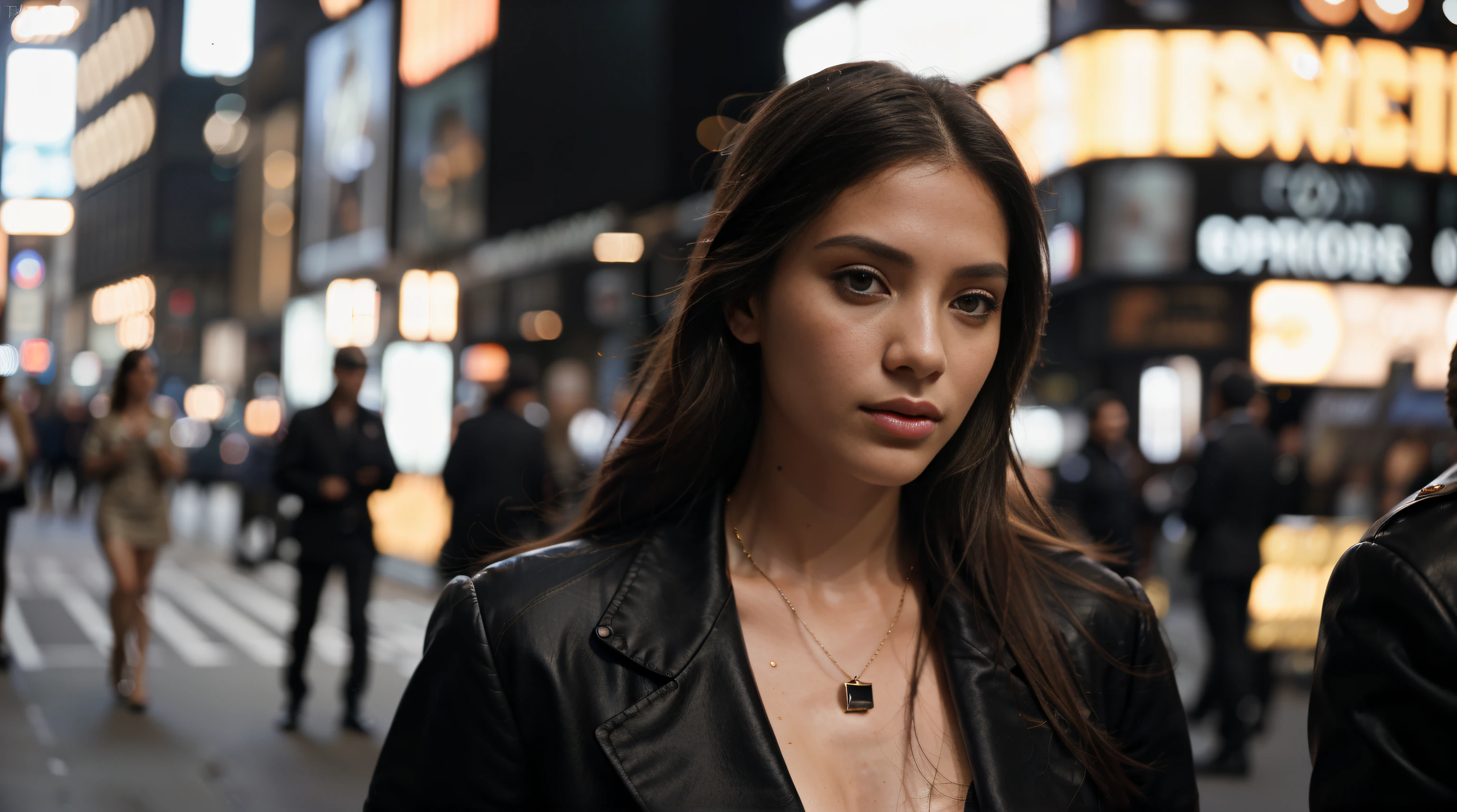 Fashionable European woman walking down Times Square in Saint Lauren suite, Supermodel, Mesmerizing, (Luxury brand advertising), in time New York, (Upper body portrait: 1.3), Street photography style, Shot on Hasselblad, (Detaild face: 1.3), Long exposure, Camera flash, Lens flare, (Anamorphic lens bokeh: 1.5), (Depth of field: 1.3), Blur background.