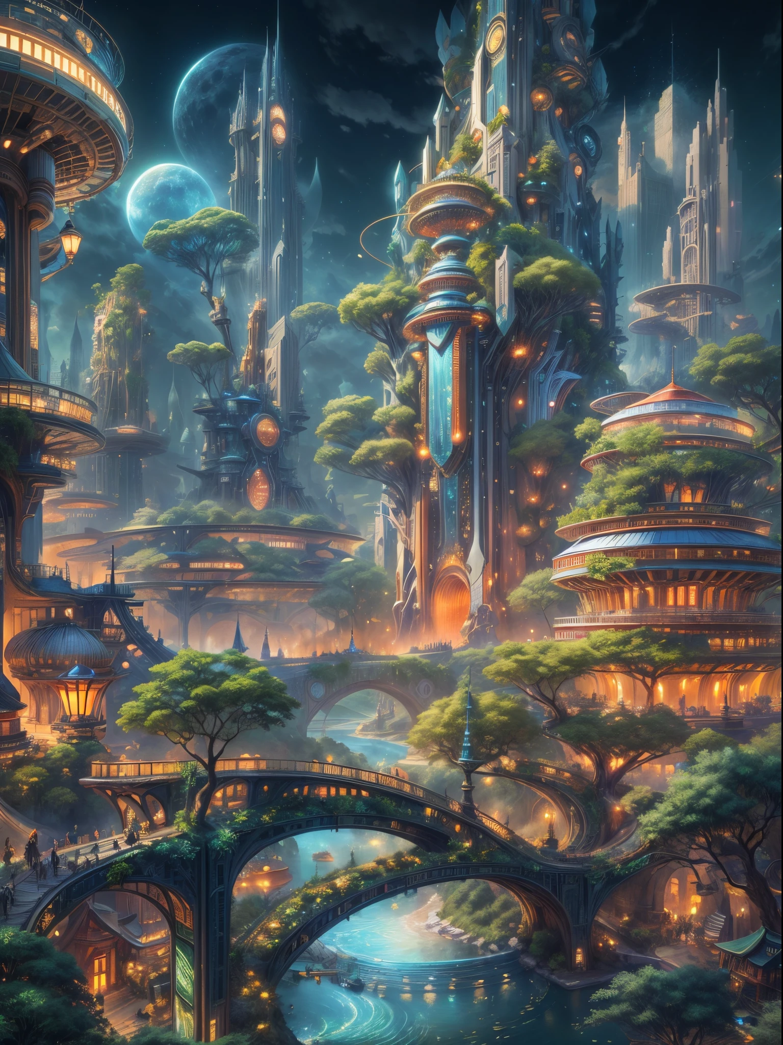 (((A utopian world with futuristic science fiction and fairy tale elements，Mechanical metal combined with classical mythological elements)))，(In this illustration of a utopian world，Describe a fairy tale、An ideal country with science fiction elements。The background is a majestic city，The architectural style combines futuristic and sci-fi elements。Soaring towers and modern glass buildings complement ancient pavilions and temples。The city is surrounded by a verdant forest and clear river，Showing the harmonious coexistence of man and nature。In the heart of the city)，(There is a huge secret garden，There are all kinds of fantastic plants and creatures growing inside。There are trees that can talk.、Singing birds and various cute animals。In the corner of the garden，There is a huge castle，Its towers reach into the sky)。(science fiction elements：in this utopian world，Technology and nature coexist harmoniously。High-speed maglev trains shuttle through the city，People are flying freely in the air in environmentally friendly aircraft.。Cities are powered by solar energy、Renewable resources such as wind and water energy，Guaranteed ecological sustainable development)。(Cultures：in this utopian world，Cultures of various countries coexist harmoniously，People respect and learn from each other&#39;s traditions and customs。There are various styles of buildings in the city、Sculpture and Artwork，Showcasing the essence of cultures from around the world), (The is very detailed, Well designed, Clear lines, k hd, Best quality at best, tmasterpiece, offcial art, movie light effect, 8K)， (Perspectives, first person perspective, Ghibli-style colors, Luminism, 电影灯光, hyper HD, tmasterpiece, acurate, Anatomically correct, ctextured skin, super detailing, high detal, high qulity, Award-Awarded, Best quality at best, 16k)