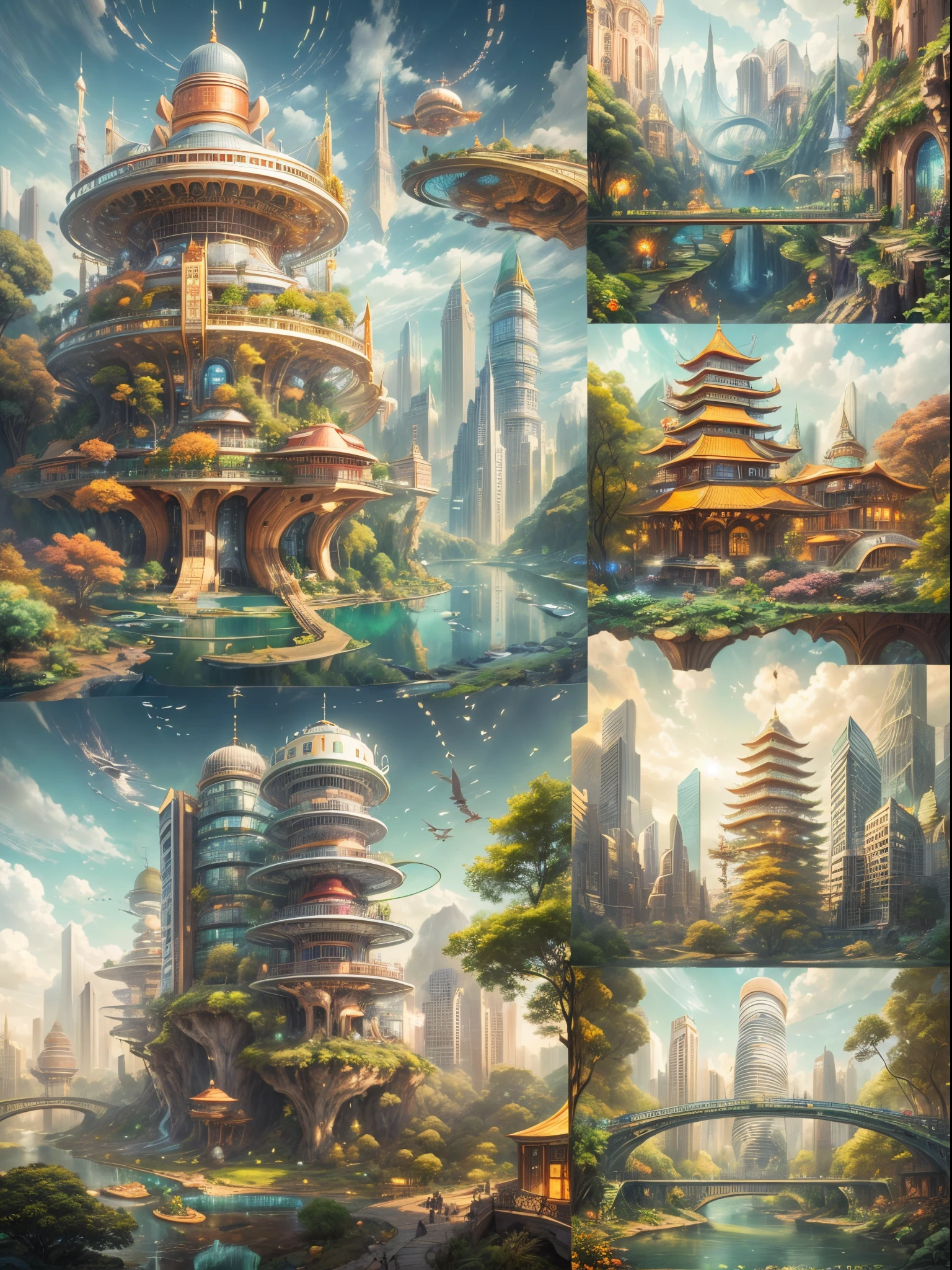 (((A utopian world with futuristic science fiction and fairy tale elements,Mechanical metal combined with classical mythological elements))),(In this illustration of a utopian world,Describe a fairy tale、An ideal country with science fiction elements。The background is a majestic city,The architectural style combines futuristic and sci-fi elements。Soaring towers and modern glass buildings complement ancient pavilions and temples。The city is surrounded by a verdant forest and clear river,Showing the harmonious coexistence of man and nature。In the heart of the city),(There is a huge secret garden,There are all kinds of fantastic plants and creatures growing inside。There are trees that can talk.、Singing birds and various cute animals。In the corner of the garden,There is a huge castle,Its towers reach into the sky)。(science fiction elements:in this utopian world,Technology and nature coexist harmoniously。High-speed maglev trains shuttle through the city,People are flying freely in the air in environmentally friendly aircraft.。Cities are powered by solar energy、Renewable resources such as wind and water energy,Guaranteed ecological sustainable development)。(Cultures:in this utopian world,Cultures of various countries coexist harmoniously,People respect and learn from each other's traditions and customs。There are various styles of buildings in the city、Sculpture and Artwork,Showcasing the essence of cultures from around the world), (The is very detailed, Well designed, Clear lines, k hd, Best quality at best, tmasterpiece, offcial art, movie light effect, 8K), (Perspectives, first person perspective, Ghibli-style colors, Luminism, 电影灯光, hyper HD, tmasterpiece, acurate, Anatomically correct, ctextured skin, super detailing, high detal, high qulity, Award-Awarded, Best quality at best, 16k)