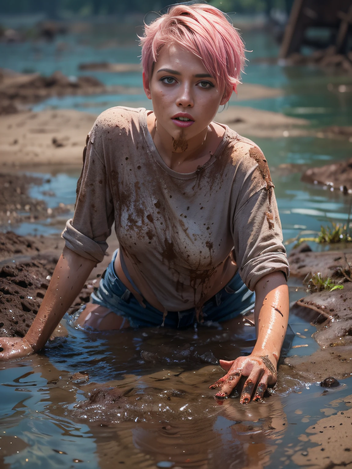 (Best Quality,hight resolution:1.2),(Realistic:1.37),Portrait,Detailed Woman,Muddy puddle,Dirty jeans,swimming in a tar pit,The face is covered with dirt,pink short hair,expressive eyes,wet clothing,Warm sunlight,Rough texture,dark colour palette,intricate details,freckles