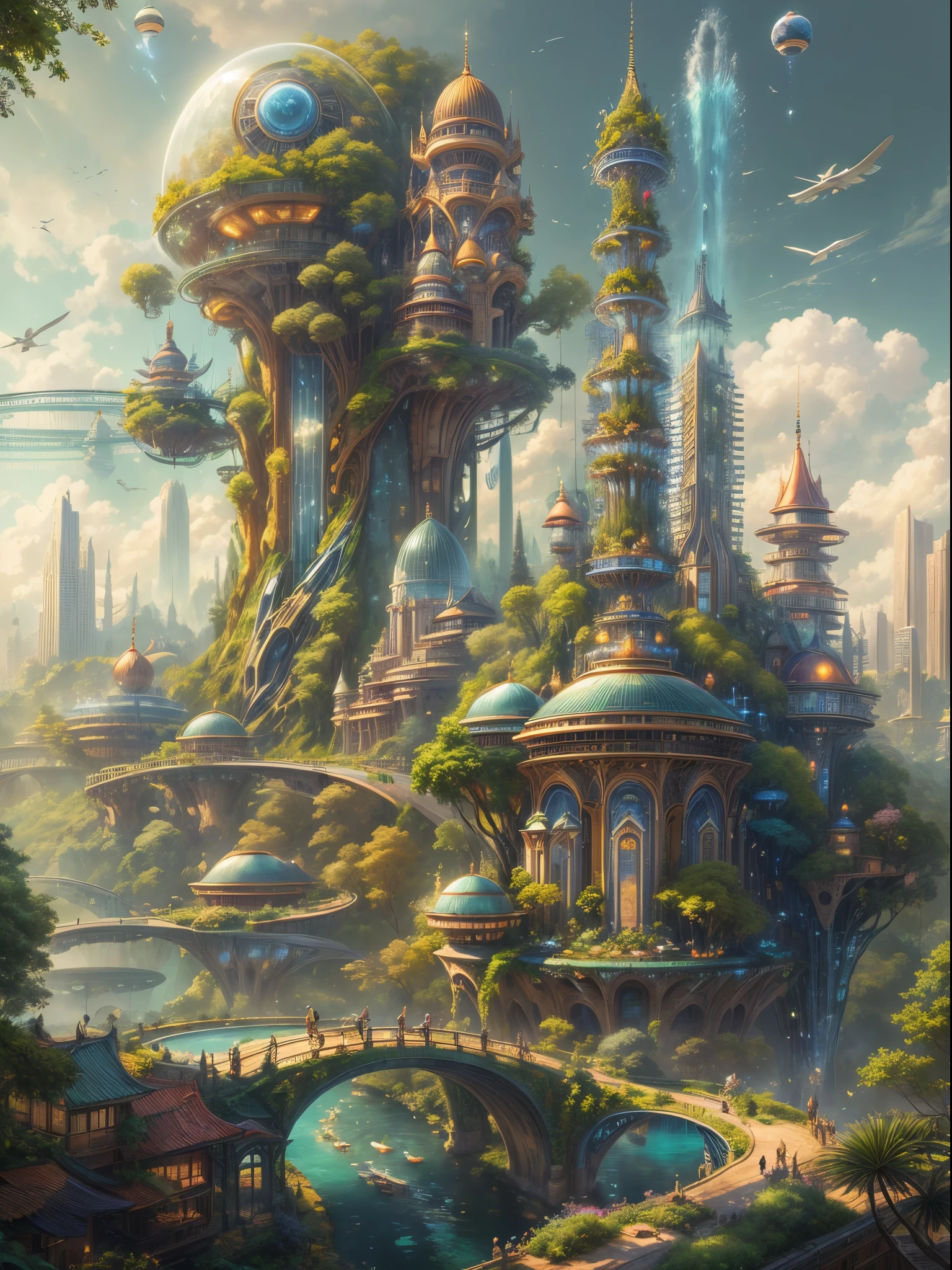(((A utopian world with futuristic science fiction and fairy tale elements,Mechanical metal combined with classical mythological elements))),(In this illustration of a utopian world,Describe a fairy tale、An ideal country with science fiction elements。The background is a majestic city,The architectural style combines futuristic and sci-fi elements。Soaring towers and modern glass buildings complement ancient pavilions and temples。The city is surrounded by a verdant forest and clear river,Showing the harmonious coexistence of man and nature。In the heart of the city),(There is a huge secret garden,There are all kinds of fantastic plants and creatures growing inside。There are trees that can talk.、Singing birds and various cute animals。In the corner of the garden,There is a huge castle,Its towers reach into the sky)。(science fiction elements:in this utopian world,Technology and nature coexist harmoniously。High-speed maglev trains shuttle through the city,People are flying freely in the air in environmentally friendly aircraft.。Cities are powered by solar energy、Renewable resources such as wind and water energy,Guaranteed ecological sustainable development)。(Cultures:in this utopian world,Cultures of various countries coexist harmoniously,People respect and learn from each other's traditions and customs。There are various styles of buildings in the city、Sculpture and Artwork,Showcasing the essence of cultures from around the world), (The is very detailed, Well designed, Clear lines, k hd, Best quality at best, tmasterpiece, offcial art, movie light effect, 8K), (Perspectives, first person perspective, Ghibli-style colors, Luminism, 电影灯光, hyper HD, tmasterpiece, acurate, Anatomically correct, ctextured skin, super detailing, high detal, high qulity, Award-Awarded, Best quality at best, 16k)