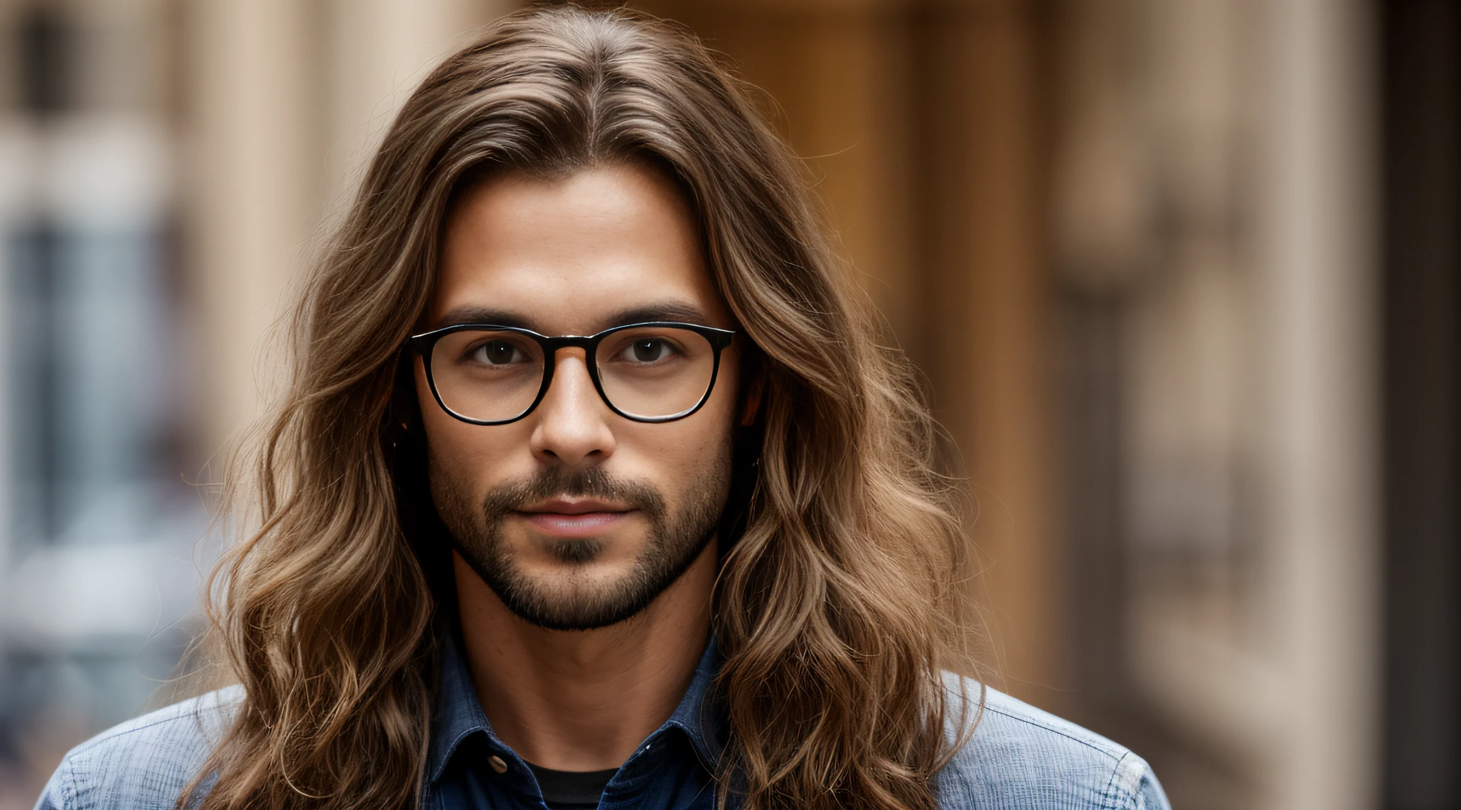 a man with long hair and glasses