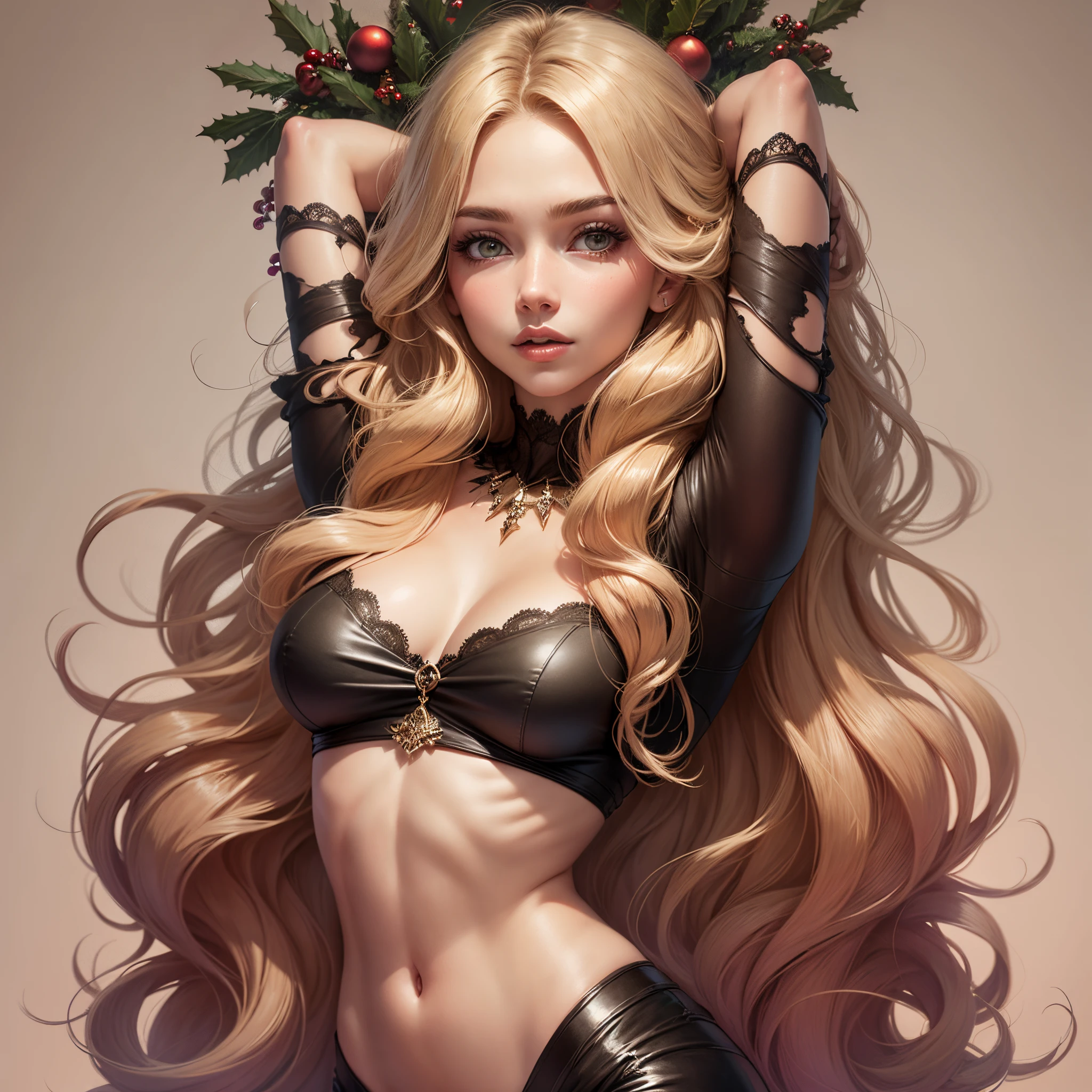 hermosa mujer californian rubia oscura, cuerpo completo, Long medium wavy hair with Californian highlights in a Christmas atmosphere --auto --s2