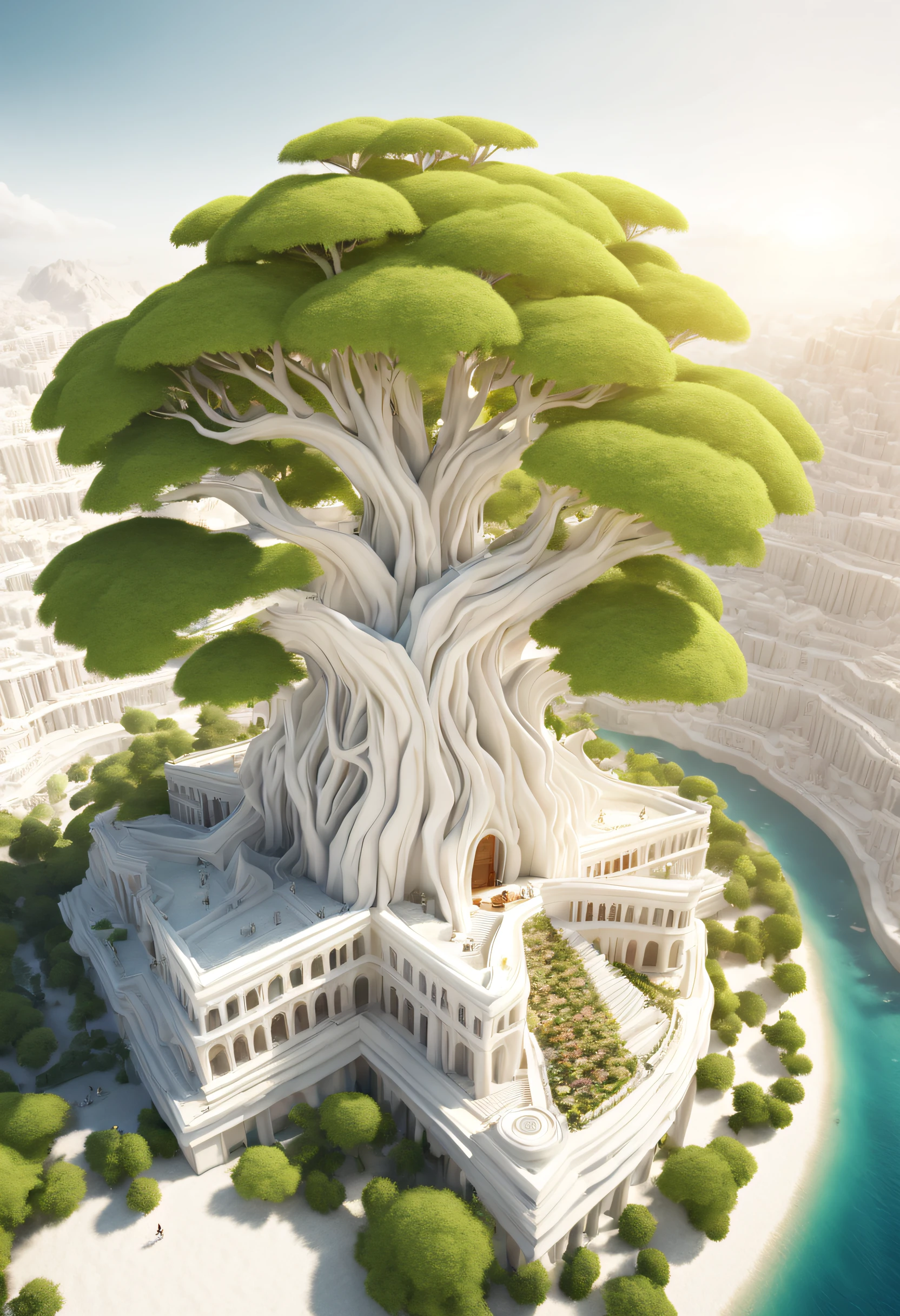 (Huge tree-shaped white building in a utopian world），（Huge white flower sea building）Background with：Desert area,Red Sea, bigger，bigger，
Aerial view of the ancient city, amazing depth,an exquisite 3 d map, View from the air,