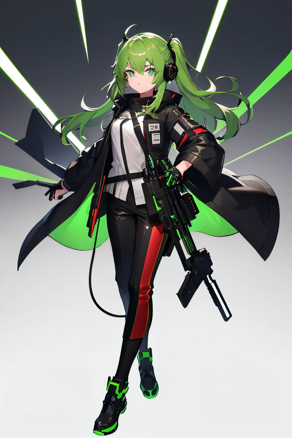 （Super quality）（4K）（Actual 1：37）hyper-detailing，A teenage girl。With emerald green eyes，dressed in a black coat，There are green stripes on the sides，There is a white cross decoration in the middle。red and black pants，Decorated with red stripes。There is a red triangle of light floating around it，keyboard in hand，with headphones on。（There are a lot of green guns in the back）。（Arknights booth style），Side lighting，The background is the city of the future。