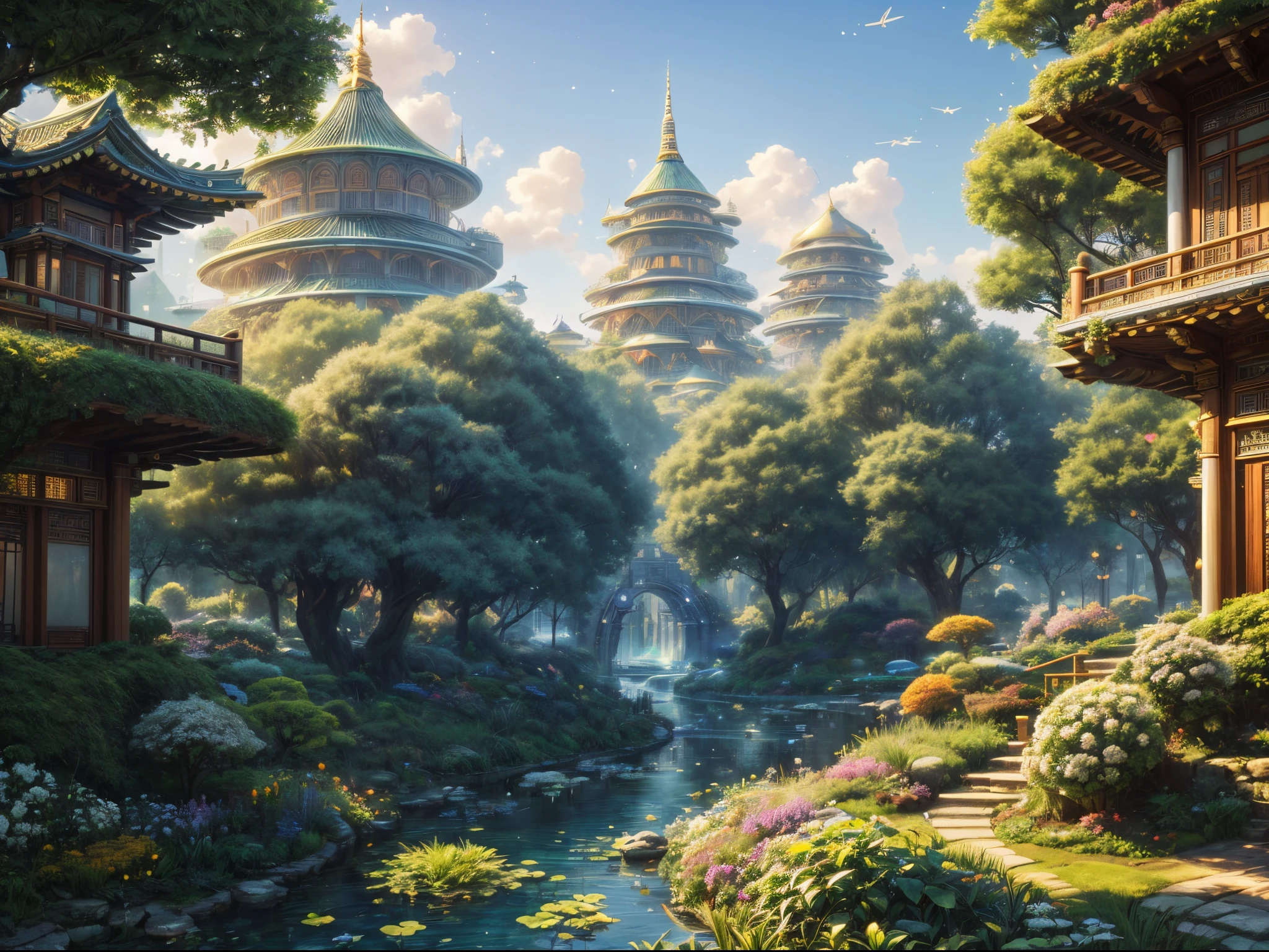 (((A utopian world with futuristic science fiction and fairy tale elements，Mechanical metal combined with classical mythological elements)))，(In this illustration of a utopian world，Describe a fairy tale、An ideal country with science fiction elements。The background is a majestic city，The architectural style combines futuristic and sci-fi elements。Soaring towers and modern glass buildings complement ancient pavilions and temples。The city is surrounded by a verdant forest and clear river，Showing the harmonious coexistence of man and nature。In the heart of the city)，(There is a huge secret garden，There are all kinds of fantastic plants and creatures growing inside。There are trees that can talk.、Singing birds and various cute animals。In the corner of the garden，There is a huge castle，Its towers reach into the sky)。(science fiction elements：in this utopian world，Technology and nature coexist harmoniously。High-speed maglev trains shuttle through the city，People are flying freely in the air in environmentally friendly aircraft.。Cities are powered by solar energy、Renewable resources such as wind and water energy，Guaranteed ecological sustainable development)。(Cultures：in this utopian world，Cultures of various countries coexist harmoniously，People respect and learn from each other&#39;s traditions and customs。There are various styles of buildings in the city、Sculpture and Artwork，Showcasing the essence of cultures from around the world), (The is very detailed, Well designed, Clear lines, k hd, Best quality at best, tmasterpiece, offcial art, movie light effect, 8K)， (Perspectives, first person perspective, Ghibli-style colors, Luminism, 电影灯光, hyper HD, tmasterpiece, acurate, Anatomically correct, ctextured skin, super detailing, high detal, high qulity, Award-Awarded, Best quality at best, 16k), ((RGB palette，Ultra-high saturation，Fine picture))