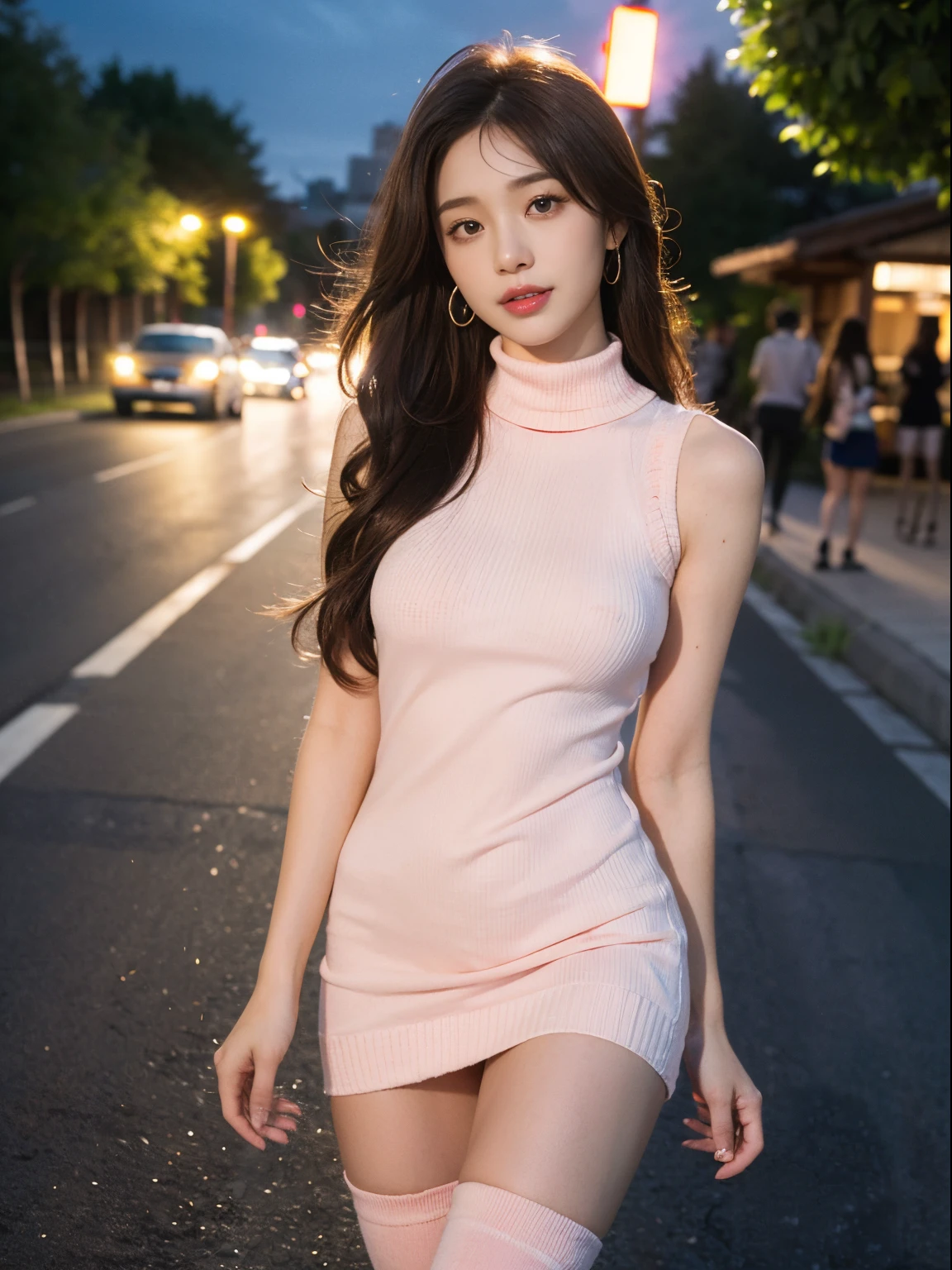((((top-quality))))、(((Ultra Precision CG16K Wallpapers)))、(((​masterpiece)))、(((ultra-detailliert)))、(((Ultra-extreme details)))、１Man Woman、a matural female、An 18-year-old woman、((Japanese face))、((extremely beautiful face))、((sasaki nozomi:1.5))、((Soft wave semi-long hair:1.3))、(shinny hair)、Bangs up to the eyebrows、Beautiful brown hair、Beautiful delicate eyes、Brown eyes、raised eyebrows、lofty nose、small nostrils、small mouth、seductive lips、slightly open mouth、Beautiful breasts、C-cup size breasts、cleavage of the breast、Plump body、perfectly proportions、perfect anatomia、perfect-composition、beautiful detailed shading、Beautiful natural lighting、Beautiful detail glow、depth of fields、(((a high chroma)))、(((realisitic:1.9)))、((Vivid:1.4))、((Beautiful skin))、((Skin texture))、((Realistic skin feeling))、(((Head-to-thigh shot:1.5)))、((Frontal angle:1.5))、((a smile:1.4))、((Panting face、pleasant sensation、Trance:1.5))、Bright sunshine、(((Walking on the road at night:1.5)))、(Blur the background)、(((Pink high neck knit dress、a miniskirt、sleeveless:1.5)))、(((overknee socks:1.5)))、