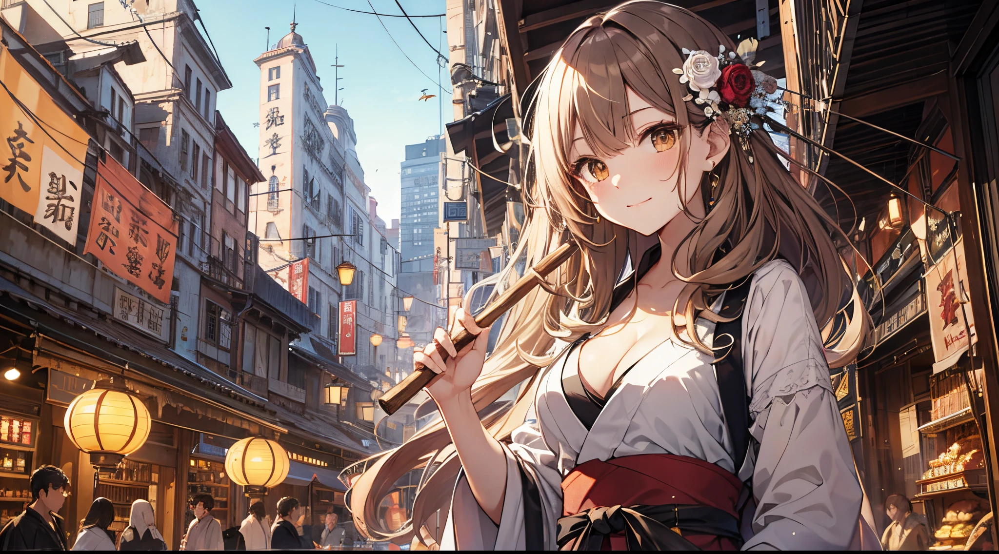 ((tmasterpiece:1.4, Best quality))+, (hyper-detailing)+, (delicate brown eyes:1.5)+, Blind girl,(Meticulous ears:1.5), (cute girls), (Exquisite and gorgeous Hanfu:1.5), Long hair details, curlies, (wariza:1.2), pale-skinned, (Yellow cloth:1.5), (long white pants:1.4), wine jugs, fresh flowers, long wooden staff,green leaf,grapes,aprons,Floating stones,Kongming Lantern,floating ancient city, bazaars,Giant wood, (Female shopkeeper:1.1), (dawn light:1.2), ), (Close-up cleavage:1.1), (elevation perspective:1.3), forehead jewel, Colored inner hair, Striped hair, Sad smile, disarray's gem branch, A brown-haired, first person perspective,the only person,