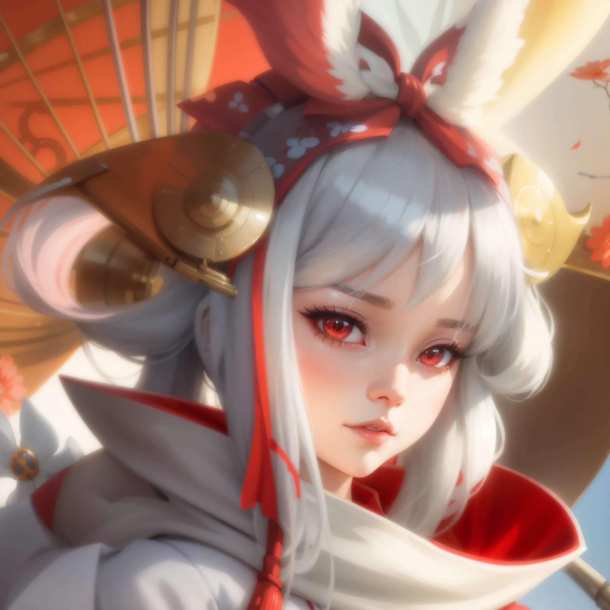 Anime girl with white hair and red and white skirt holding umbrella, onmyoji portrait, Guviz-style artwork, Anime style 4k, Anime fantasy artwork, onmyoji, detailed digital anime art, Anime art wallpaper 8 K, Anime art wallpaper 4k, Anime art wallpaper 4k, digital anime art, advanced anime digital art