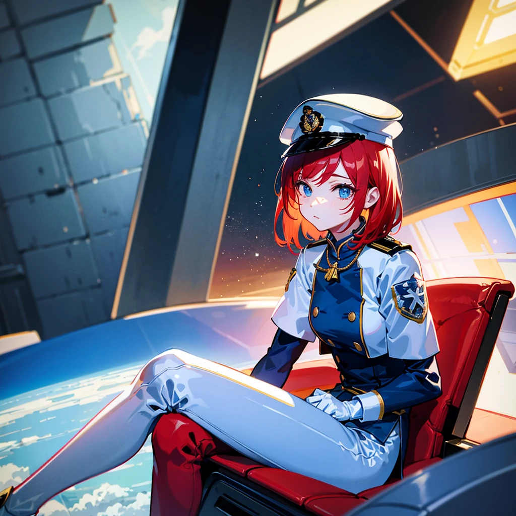 (((masterpiece)))、(((Top image quality)))、(((top-quality)))、(((Illustration of one woman)))、full bodyesbian、Red-haired shorthair、(Thin hair hanging down both sides of the face)、Blue eyes、(((neuter)))、((Tall))、(((Muscular and strong body)))、((muscular and thick arms))、((muscular and thick legs))、(((manspreading)))、opening legs、((Military uniforms))、((Military Cap))、((Military coat))、(white clothes)、(White pants)、(White cap)、trench coat、((Inside the spaceship、Sitting in the captain's seat))、(Outside the window、Earth seen from space)