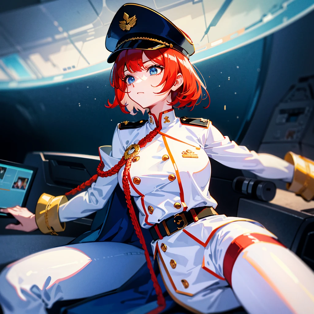 ((Masterpiece)), ((Best Quality)), ((Best Quality)), (Illustration of a Girl), Full Body, Short Red Hair, (Thin Hair Hanging On Both Sides of Face), Blue Eyes, (((Tall)), Muscular Strong Body, Manspreading, (((Military Uniform)), (Military Hat)), (White Clothes), (White Pants), (White Hat), ((Inside the Spaceship)), (Outside the Window, Space)