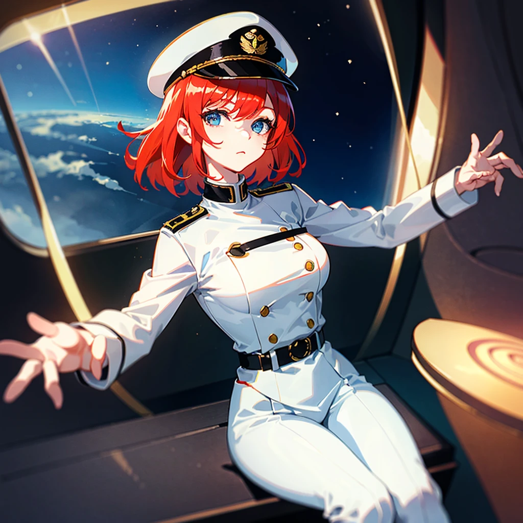 (((masterpiece)))、(((Top image quality)))、(((top-quality)))、(((Illustration of one woman)))、full bodyesbian、Red-haired shorthair、(Thin hair hanging down both sides of the face)、Blue eyes、(((neuter)))、((Tall))、(((Muscular and strong body)))、((muscular and thick arms))、((muscular and thick legs))、(((manspreading)))、opening legs、((Military uniforms))、((Military Cap))、((Military coat))、(white clothes)、(White pants)、(White cap)、trench coat、((Inside the spaceship、Sitting in the captain's seat))、(Outside the window、Earth seen from space)