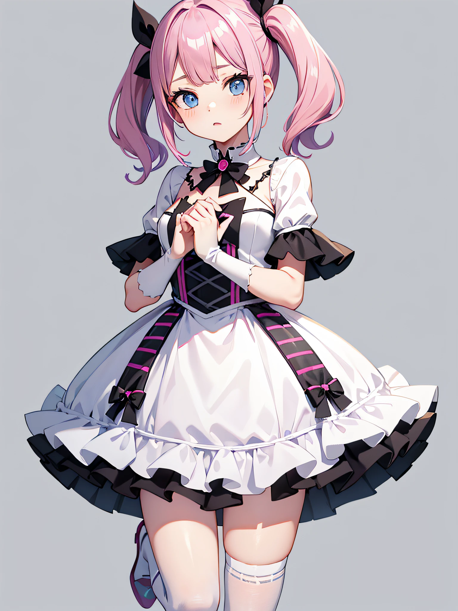 pale blue color eyes, dark pink hair color, double.pony tails, pale skin tone, nothing background, Transparent PNG, Cute pose, cute female child, Gorgeous idol dress, White dress, Jie Kang, young 17 years old, over knee socks, Permanent,hands on the chest, full bodyesbian