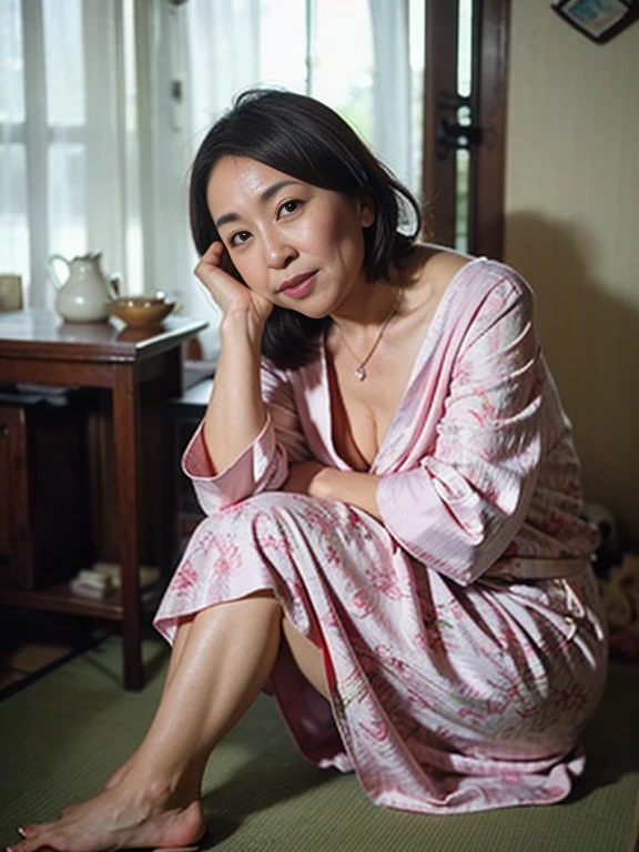 (((Japanese 48 year old mature woman))),top-quality, ​masterpiece, hight resolution, Photorealsitic, Raw photography, flawless, profetional lighting, ighly detailed, depth of fields,traditional Japanese room, (((48 year old))), (((Wrinkles on the face))),(Nasolabial folds on the face),(((There are stains on the body))) chubby figure, Female sexy, Detailed face, beautidful eyes, bangss,(((droopy chest))), Straight light brown hair that reaches to the shoulders, Faint lips, ((stand facing forward、Staring at the viewer&#39;serious face eyes.)),(red loose-fitting nightgown),a necklace,(full bodyesbian),(((opening legs))),