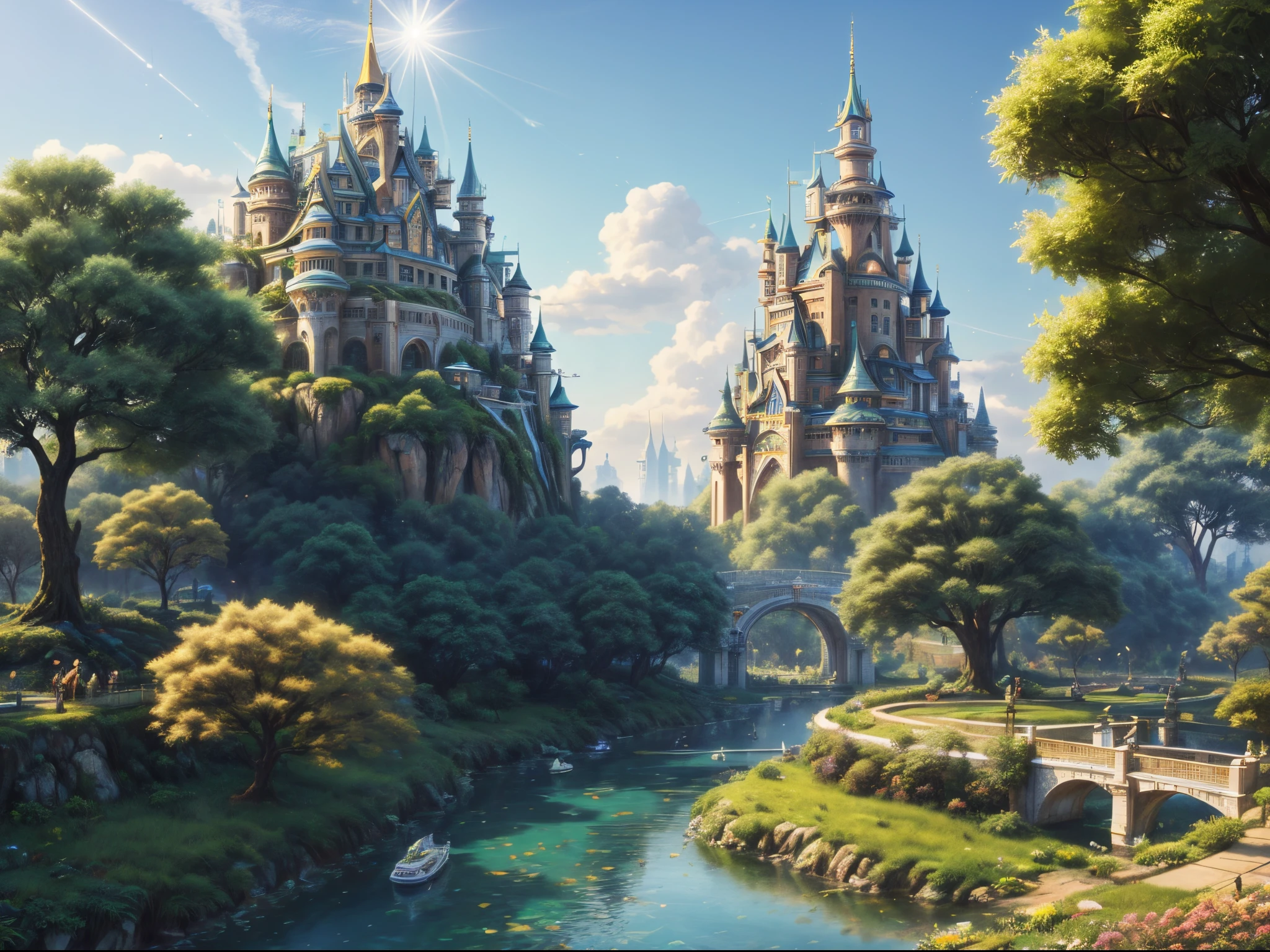 (((A utopian world with futuristic science fiction and fairy tale elements,Mechanical metal combined with classical mythological elements))),(In this illustration of a utopian world,Describe a fairy tale、An ideal country with science fiction elements。The background is a majestic city,The architectural style combines futuristic and sci-fi elements。Soaring towers and modern glass buildings complement ancient pavilions and temples。The city is surrounded by a verdant forest and clear river,Showing the harmonious coexistence of man and nature。In the heart of the city),(There is a huge secret garden,There are all kinds of fantastic plants and creatures growing inside。There are trees that can talk.、Singing birds and various cute animals。In the corner of the garden,There is a huge castle,Its towers reach into the sky)。(science fiction elements:in this utopian world,Technology and nature coexist harmoniously。High-speed maglev trains shuttle through the city,People are flying freely in the air in environmentally friendly aircraft.。Cities are powered by solar energy、Renewable resources such as wind and water energy,Guaranteed ecological sustainable development)。(Cultures:in this utopian world,Cultures of various countries coexist harmoniously,People respect and learn from each other's traditions and customs。There are various styles of buildings in the city、Sculpture and Artwork,Showcasing the essence of cultures from around the world), (The is very detailed, Well designed, Clear lines, k hd, Best quality at best, tmasterpiece, offcial art, movie light effect, 8K), (Perspectives, first person perspective, Ghibli-style colors, Luminism, 电影灯光, hyper HD, tmasterpiece, acurate, Anatomically correct, ctextured skin, super detailing, high detal, high qulity, Award-Awarded, Best quality at best, 16k), ((RGB palette,Ultra-high saturation,Fine picture))