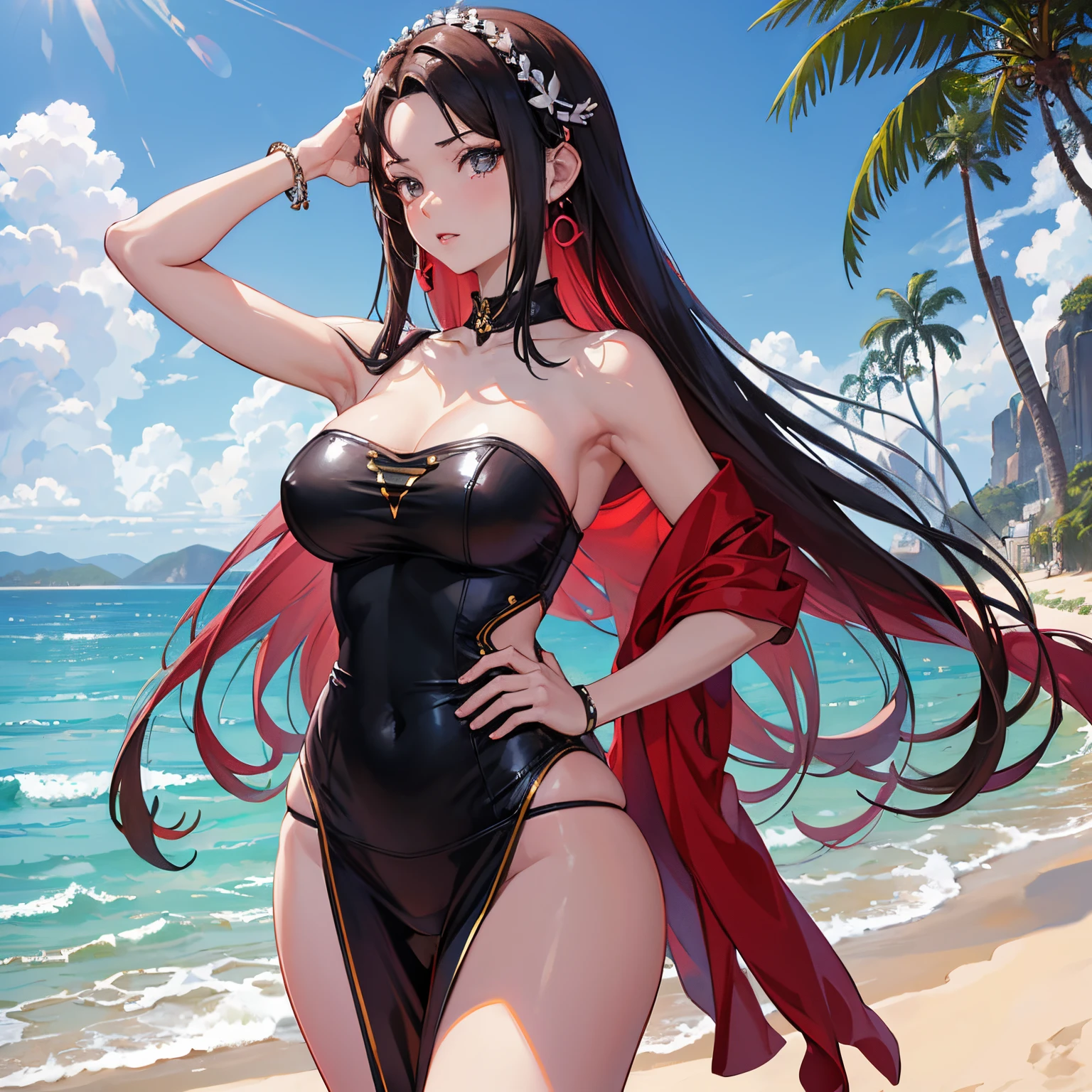 anime girl in a black swimsuit on a beach with palm trees, por Yang J, mulher bonita sedutora do anime, Artgerm extremamente detalhado, anime sedutora, mulher bonita do anime, na praia, Modelo IG | Artgerm, na praia, menina bonita, is wearing a swimsuit, Directed by: Victor Wang, Guweiz, roupa de banho