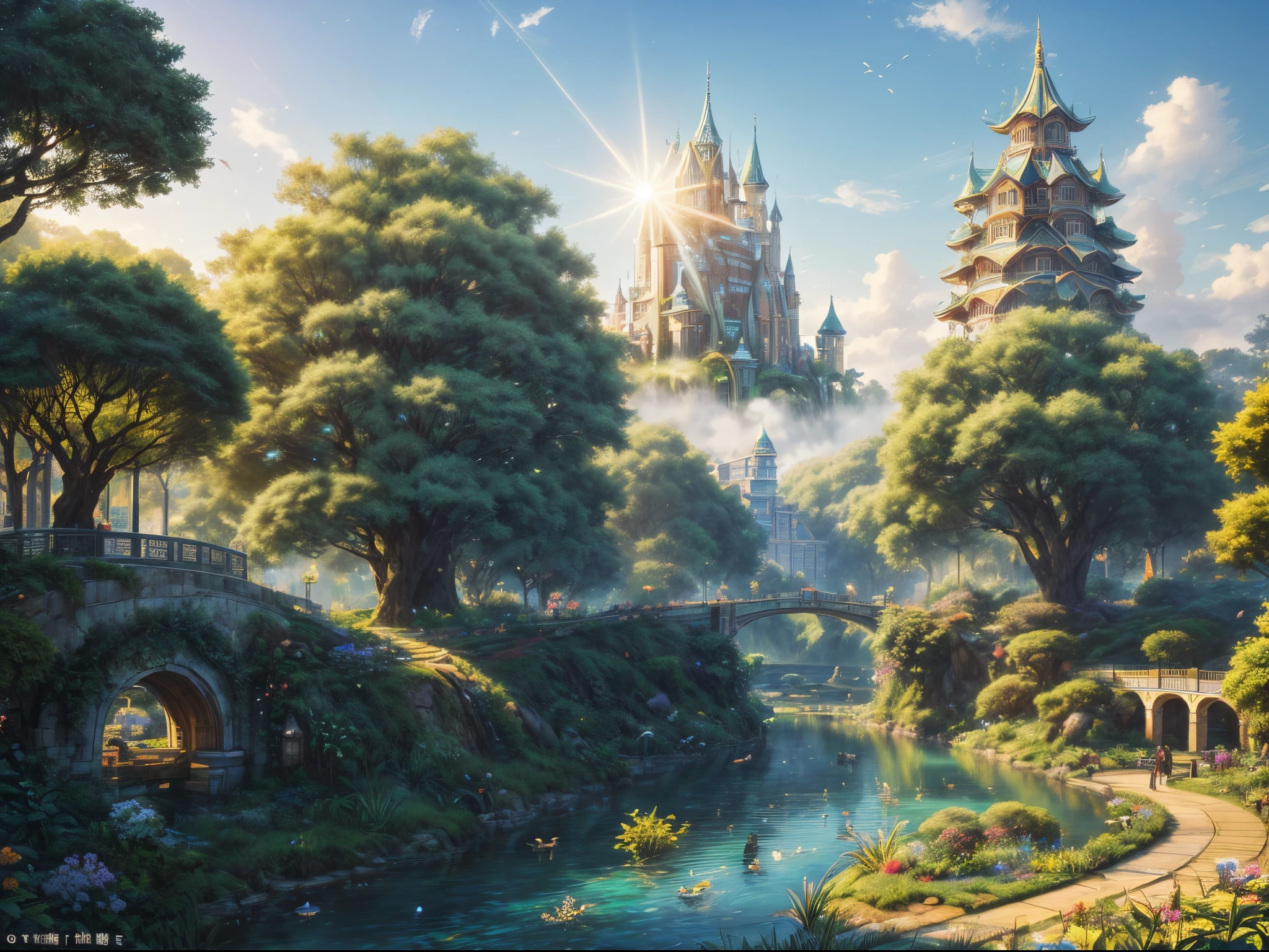(((A utopian world with futuristic science fiction and fairy tale elements，Mechanical metal combined with classical mythological elements)))，(In this illustration of a utopian world，Describe a fairy tale、An ideal country with science fiction elements。The background is a majestic city，The architectural style combines futuristic and sci-fi elements。Soaring towers and modern glass buildings complement ancient pavilions and temples。The city is surrounded by a verdant forest and clear river，Showing the harmonious coexistence of man and nature。In the heart of the city)，(There is a huge secret garden，There are all kinds of fantastic plants and creatures growing inside。There are trees that can talk.、Singing birds and various cute animals。In the corner of the garden，There is a huge castle，Its towers reach into the sky)。(science fiction elements：in this utopian world，Technology and nature coexist harmoniously。High-speed maglev trains shuttle through the city，People are flying freely in the air in environmentally friendly aircraft.。Cities are powered by solar energy、Renewable resources such as wind and water energy，Guaranteed ecological sustainable development)。(Cultures：in this utopian world，Cultures of various countries coexist harmoniously，People respect and learn from each other&#39;s traditions and customs。There are various styles of buildings in the city、Sculpture and Artwork，Showcasing the essence of cultures from around the world), (The is very detailed, Well designed, Clear lines, k hd, Best quality at best, tmasterpiece, offcial art, movie light effect, 8K)， (Perspectives, first person perspective, Ghibli-style colors, Luminism, 电影灯光, hyper HD, tmasterpiece, acurate, Anatomically correct, ctextured skin, super detailing, high detal, high qulity, Award-Awarded, Best quality at best, 16k), ((RGB palette，Ultra-high saturation，Fine picture))