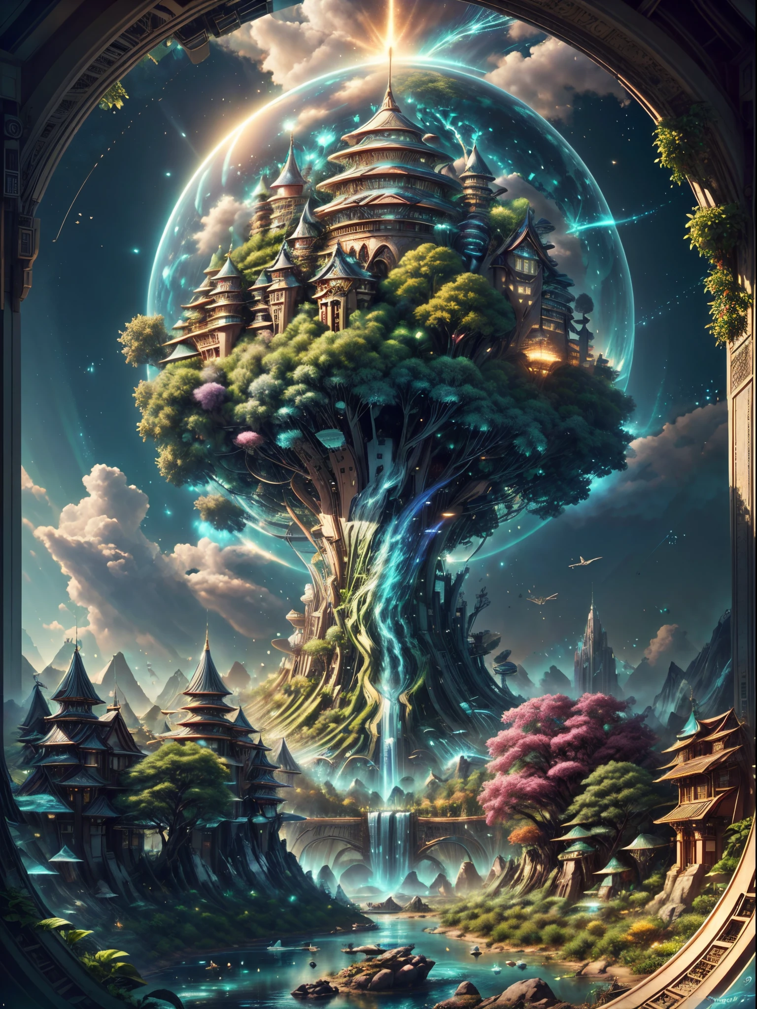 A surrealist one、Otherworldly、Illustration of the super sky scene,Including a huge banyan tree、The sunset is soft and light、Vegetation and surrounding rivers、There is also an aerial street sign that says Ziqiu no Realm,scenecy、giant tree、Beautiful green leaves、Beautiful lighting and realistic proportions,As if it were a movie backdrop,8k,HighestQuali,tmasterpiece,Clouds and stars in the sky。