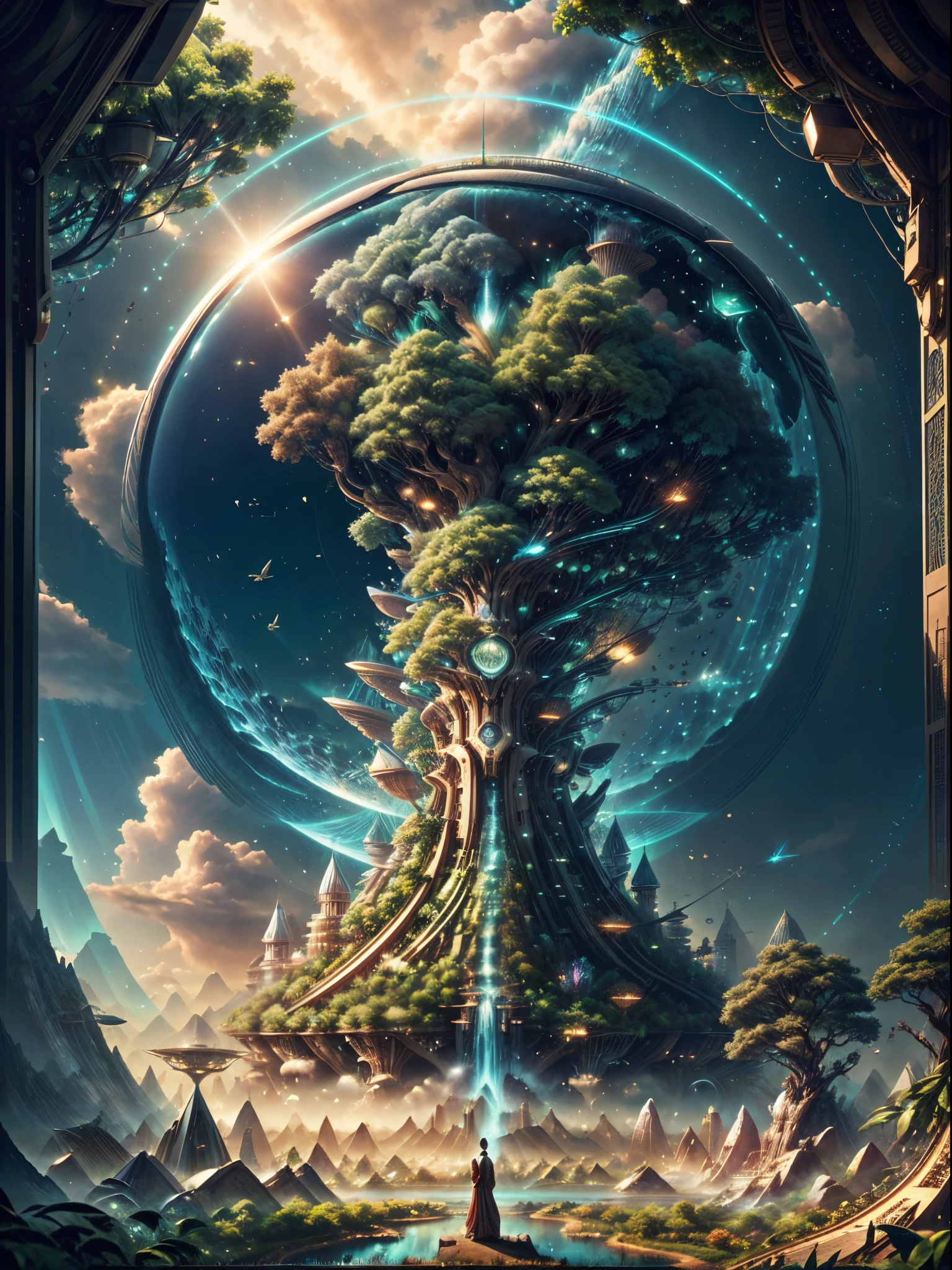(((A utopian world with futuristic science fiction and fairy tale elements，Mechanical metal combined with classical mythological elements)))，(In this illustration of a utopian world，Describe a fairy tale、An ideal country with science fiction elements。The background is a majestic city，The architectural style combines futuristic and sci-fi elements。Soaring towers and modern glass buildings complement ancient pavilions and temples。The city is surrounded by a verdant forest and clear river，Showing the harmonious coexistence of man and nature。In the heart of the city)，(There is a huge secret garden，There are all kinds of fantastic plants and creatures growing inside。There are trees that can talk.、Singing birds and various cute animals。In the corner of the garden，There is a huge castle，Its towers reach into the sky)。(science fiction elements：in this utopian world，Technology and nature coexist harmoniously。High-speed maglev trains shuttle through the city，People are flying freely in the air in environmentally friendly aircraft.。Cities are powered by solar energy、Renewable resources such as wind and water energy，Guaranteed ecological sustainable development)。(Cultures：in this utopian world，Cultures of various countries coexist harmoniously，People respect and learn from each other&#39;s traditions and customs。There are various styles of buildings in the city、Sculpture and Artwork，Showcasing the essence of cultures from around the world), (The is very detailed, Well designed, Clear lines, k hd, Best quality at best, tmasterpiece, offcial art, movie light effect, 8K)， (Perspectives, first person perspective, Ghibli-style colors, Luminism, 电影灯光, hyper HD, tmasterpiece, acurate, Anatomically correct, ctextured skin, super detailing, high detal, high qulity, Award-Awarded, Best quality at best, 16k), ((RGB palette，Ultra-high saturation，Fine picture)), fantasy00d