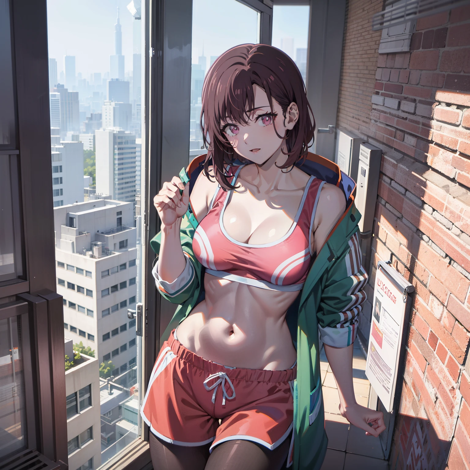 Shizuka Mikazuki, masutepiece, Best Quality,Ultra-detailed,1girl in, Beautiful, pink sports bra, Pink shorts, Look out the window, Detailed eyes, Detailed face, short brown hair with pink stripes,, medium breasts, Looking out the window of a skyscraper, Long black pantyhose