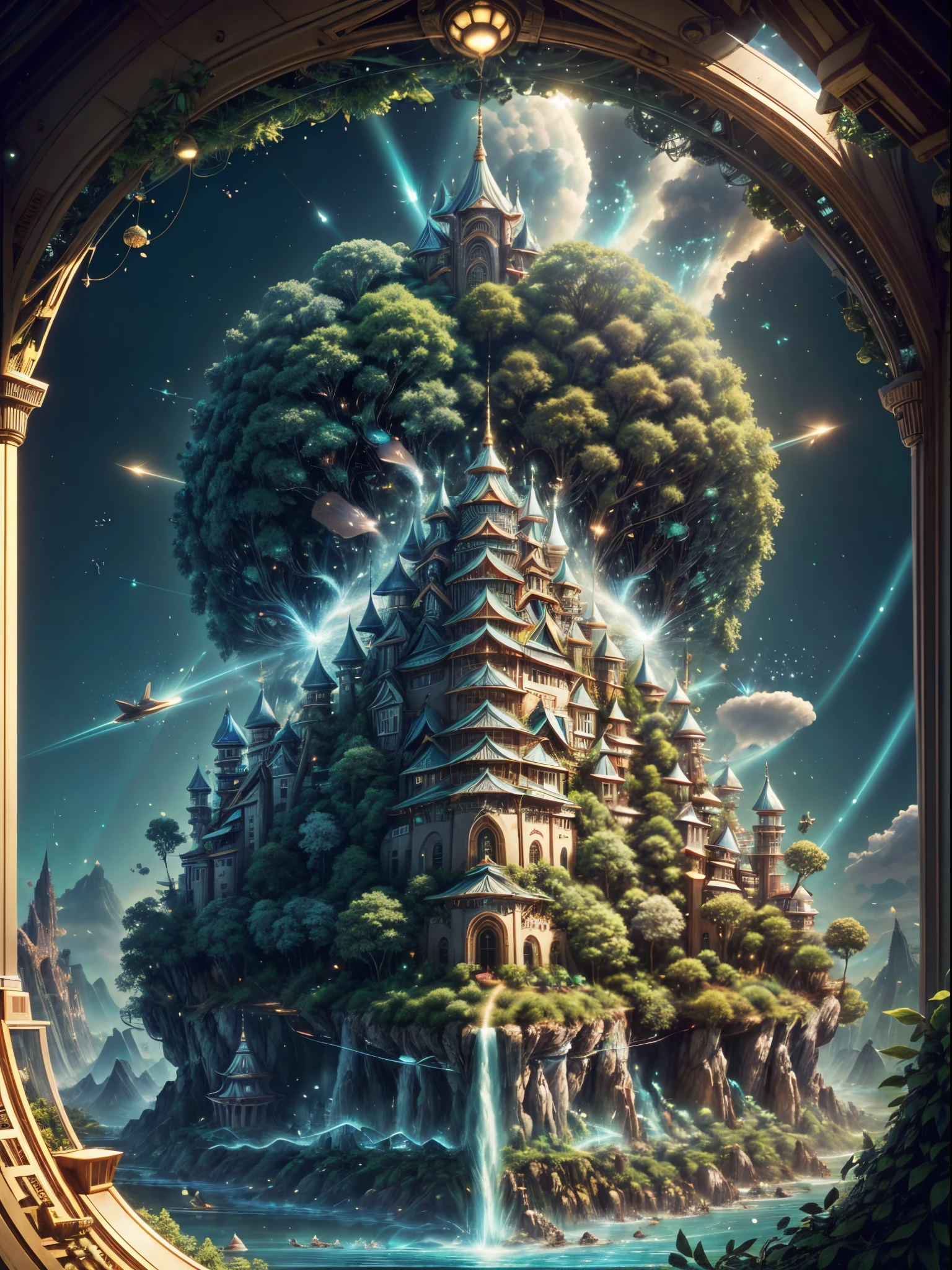(((A utopian world with futuristic science fiction and fairy tale elements,Mechanical metal combined with classical mythological elements))),(In this illustration of a utopian world,Describe a fairy tale、An ideal country with science fiction elements。The background is a majestic city,The architectural style combines futuristic and sci-fi elements。Soaring towers and modern glass buildings complement ancient pavilions and temples。The city is surrounded by a verdant forest and clear river,Showing the harmonious coexistence of man and nature。In the heart of the city),(There is a huge secret garden,There are all kinds of fantastic plants and creatures growing inside。There are trees that can talk.、Singing birds and various cute animals。In the corner of the garden,There is a huge castle,Its towers reach into the sky)。(science fiction elements:in this utopian world,Technology and nature coexist harmoniously。High-speed maglev trains shuttle through the city,People are flying freely in the air in environmentally friendly aircraft.。Cities are powered by solar energy、Renewable resources such as wind and water energy,Guaranteed ecological sustainable development)。(Cultures:in this utopian world,Cultures of various countries coexist harmoniously,People respect and learn from each other's traditions and customs。There are various styles of buildings in the city、Sculpture and Artwork,Showcasing the essence of cultures from around the world), (The is very detailed, Well designed, Clear lines, k hd, Best quality at best, tmasterpiece, offcial art, movie light effect, 8K), (Perspectives, first person perspective, Ghibli-style colors, Luminism, 电影灯光, hyper HD, tmasterpiece, acurate, Anatomically correct, ctextured skin, super detailing, high detal, high qulity, Award-Awarded, Best quality at best, 16k), ((RGB palette,Ultra-high saturation,Fine picture))