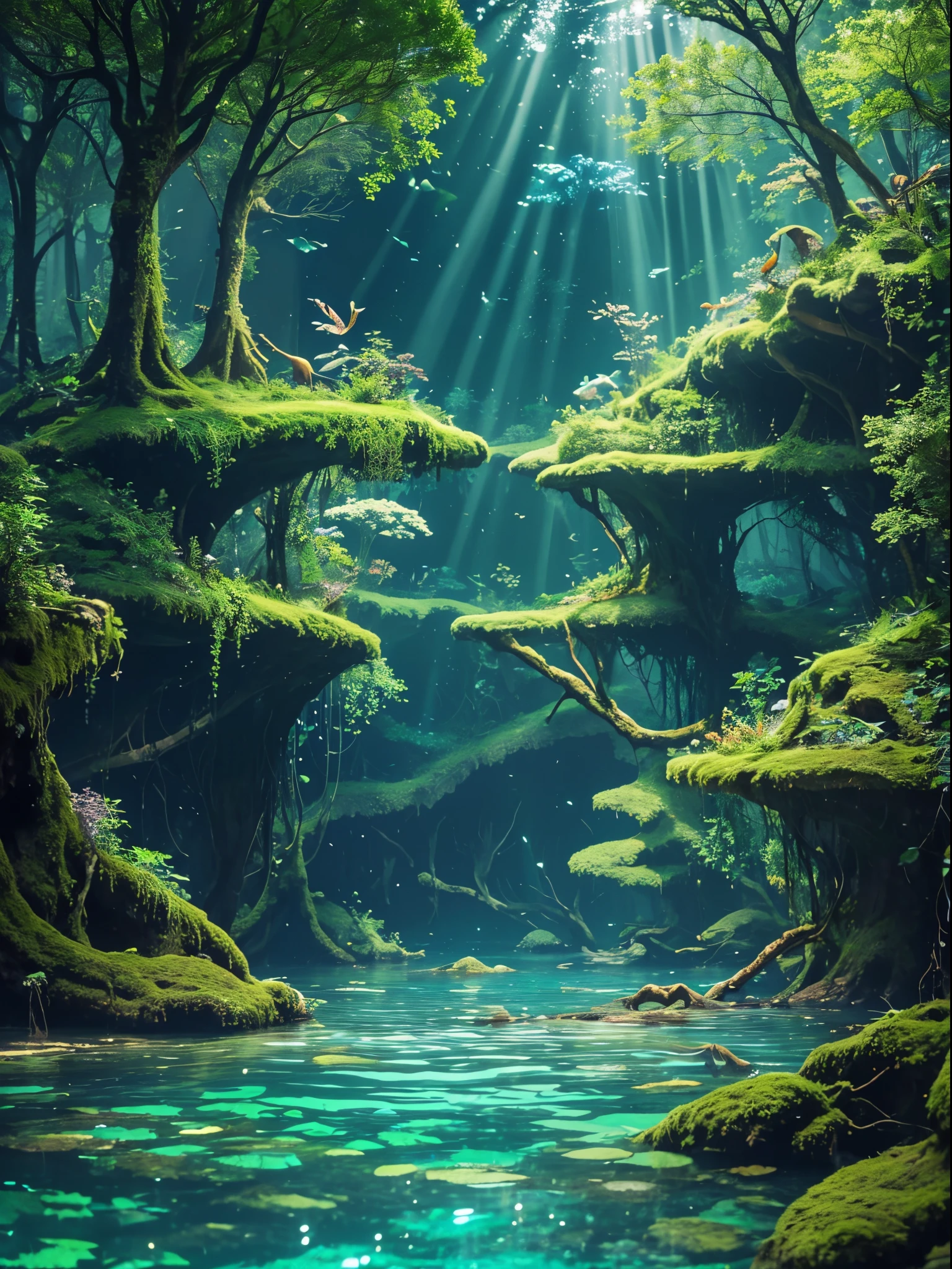 Beautiful green nature, green forest, underwater forest, small fishes swimming, beautiful lights, 8k. Trees roots around, climbers, beautiful aquatic scene.