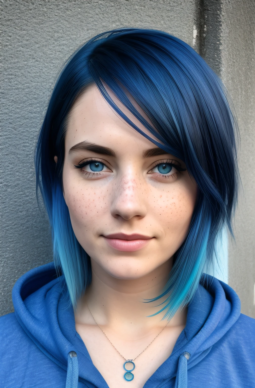 A woman in her 20s, looking at the camera, she has freckles, blue eyes, she has Lush blue hair, tattoos on neck, wearing a black hoodie, hyperdetailed, hyperrealism, ((best quality)), ((masterpiece)), (detailed), 8k uhd, Nikon 70d, ISO200, F/2.8, 1/25sec, 70mm