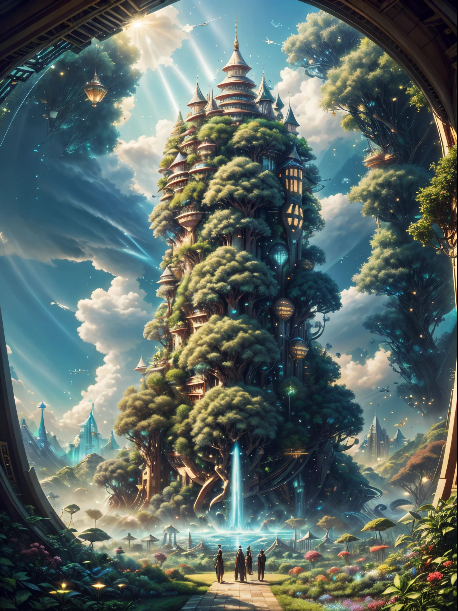 (((A utopian world with futuristic science fiction and fairy tale elements,Mechanical metal combined with classical mythological elements))),(In this illustration of a utopian world,Describe a fairy tale、An ideal country with science fiction elements。The background is a majestic city,The architectural style combines futuristic and sci-fi elements。Soaring towers and modern glass buildings complement ancient pavilions and temples。The city is surrounded by a verdant forest and clear river,Showing the harmonious coexistence of man and nature。In the heart of the city),(There is a huge secret garden,There are all kinds of fantastic plants and creatures growing inside。There are trees that can talk.、Singing birds and various cute animals。In the corner of the garden,There is a huge castle,Its towers reach into the sky)。(science fiction elements:in this utopian world,Technology and nature coexist harmoniously。High-speed maglev trains shuttle through the city,People are flying freely in the air in environmentally friendly aircraft.。Cities are powered by solar energy、Renewable resources such as wind and water energy,Guaranteed ecological sustainable development)。(Cultures:in this utopian world,Cultures of various countries coexist harmoniously,People respect and learn from each other's traditions and customs。There are various styles of buildings in the city、Sculpture and Artwork,Showcasing the essence of cultures from around the world), (The is very detailed, Well designed, Clear lines, k hd, Best quality at best, tmasterpiece, offcial art, movie light effect, 8K), (Perspectives, first person perspective, Ghibli-style colors, Luminism, 电影灯光, hyper HD, tmasterpiece, acurate, Anatomically correct, ctextured skin, super detailing, high detal, high qulity, Award-Awarded, Best quality at best, 16k), ((RGB palette,Ultra-high saturation,Fine picture))