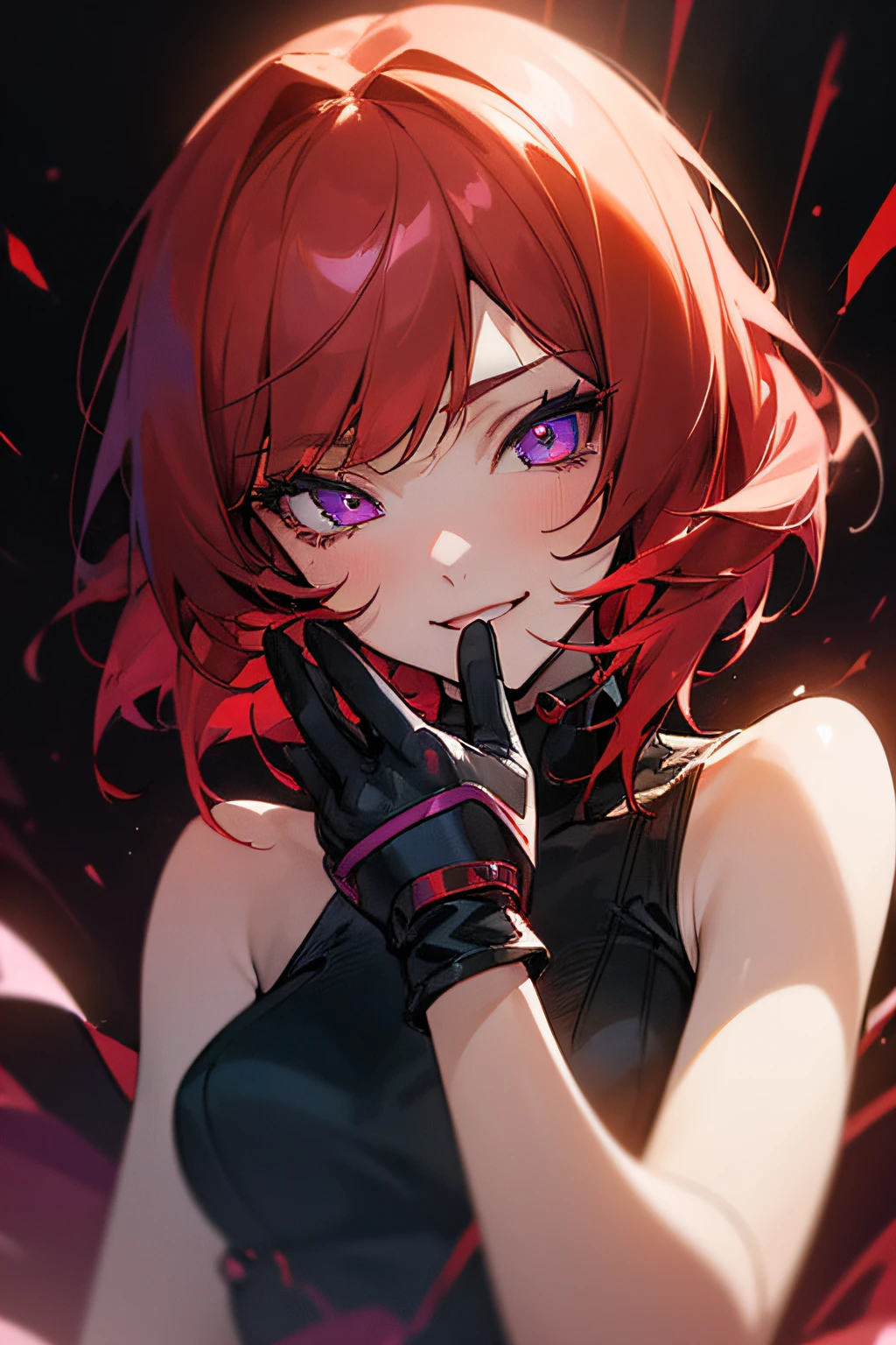 Maki Nishikino, ((((1 girl)))), ((Alone)), Cute face, ((hiddenhands)), asymmetricalbangs, (美丽细致的眼睛), eye shadows, ((电影灯光)), Colorful, HighDynamicRange, Red hair has highlights, evilsmile, Maki Nishikino, a purple eye,