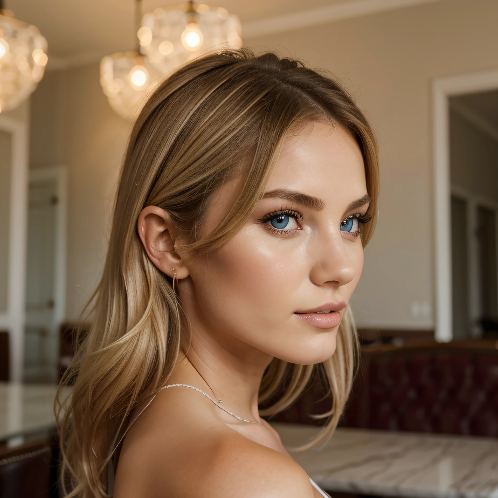 professionnel, (Photo 4K:1.1) par (JeremyLipking:0.3), (Dietman Anna:0.3), (jiner:0.3), (mise au point nette:1.3), High detail, ne rien porter, beautifull detailed face in a cafe, Yeux bleus, longs cheveux blonds, (attractive young woman:1.3), (Seductive:1.1), (rougissant:1.1), Type de corps de sablier, grand cercle, blonde goddess, tight attire, bite the lips, joli visage, fille parfaite aux cheveux blancs, biting his lips, belle fille blonde, bonne jeune fille, fille mignonne, magnifique blonde, seins, porter de la lingerie, lingerie rose, background dark, side profile
