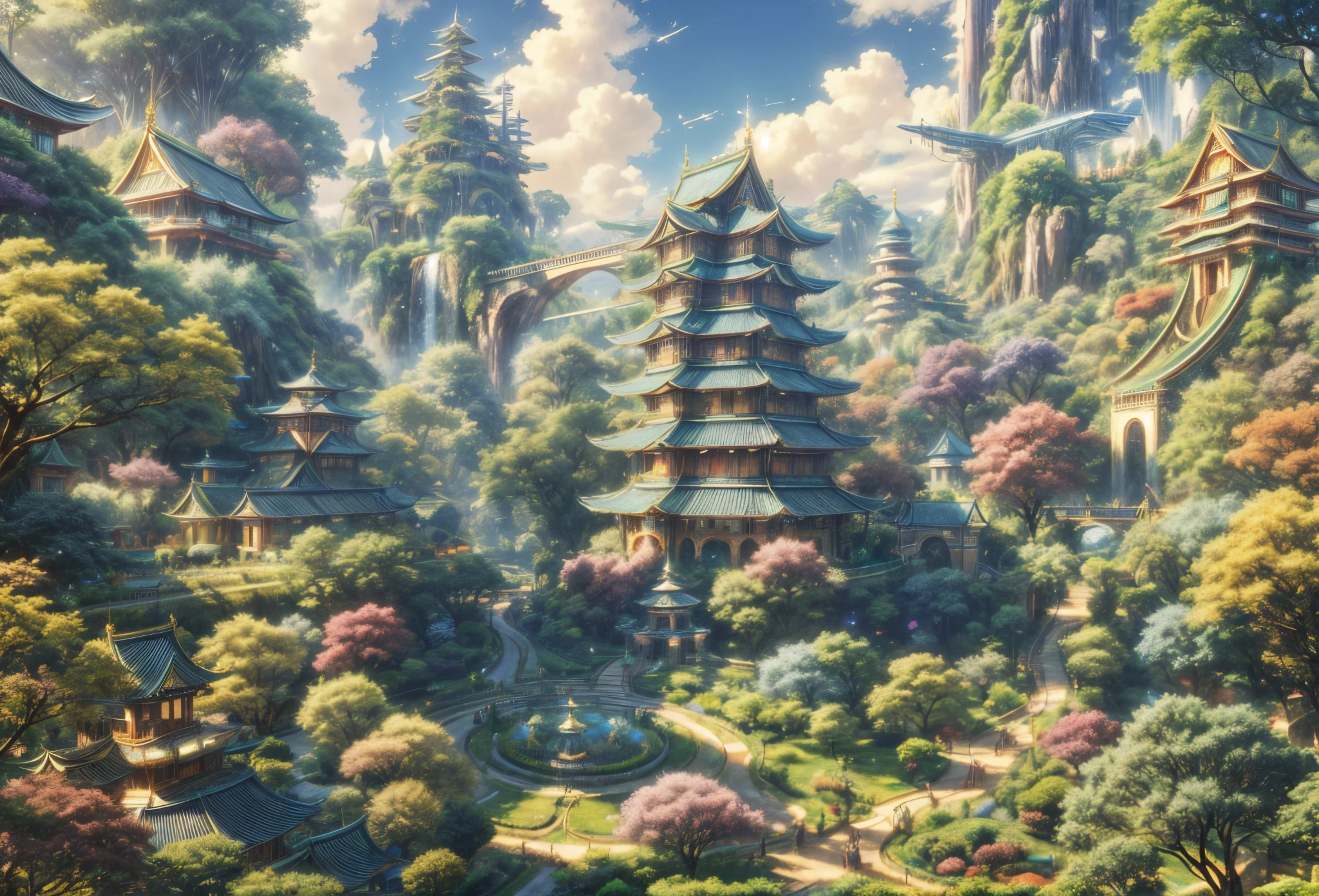 (((A utopian world with futuristic science fiction and fairy tale elements，Mechanical metal combined with classical mythological elements)))，(In this illustration of a utopian world，Describe a fairy tale、An ideal country with science fiction elements。The background is a majestic city，The architectural style combines futuristic and sci-fi elements。Soaring towers and modern glass buildings complement ancient pavilions and temples。The city is surrounded by a verdant forest and clear river，Showing the harmonious coexistence of man and nature。In the heart of the city)，(There is a huge secret garden，There are all kinds of fantastic plants and creatures growing inside。There are trees that can talk.、Singing birds and various cute animals。In the corner of the garden，There is a huge castle，Its towers reach into the sky)。(science fiction elements：in this utopian world，Technology and nature coexist harmoniously。High-speed maglev trains shuttle through the city，People are flying freely in the air in environmentally friendly aircraft.。Cities are powered by solar energy、Renewable resources such as wind and water energy，Guaranteed ecological sustainable development)。(Cultures：in this utopian world，Cultures of various countries coexist harmoniously，People respect and learn from each other&#39;s traditions and customs。There are various styles of buildings in the city、Sculpture and Artwork，Showcasing the essence of cultures from around the world), (The is very detailed, Well designed, Clear lines, k hd, Best quality at best, tmasterpiece, offcial art, movie light effect, 8K)， (Perspectives, first person perspective, Ghibli-style colors, Luminism, 电影灯光, hyper HD, tmasterpiece, acurate, Anatomically correct, ctextured skin, super detailing, high detal, high qulity, Award-Awarded, Best quality at best, 16k)