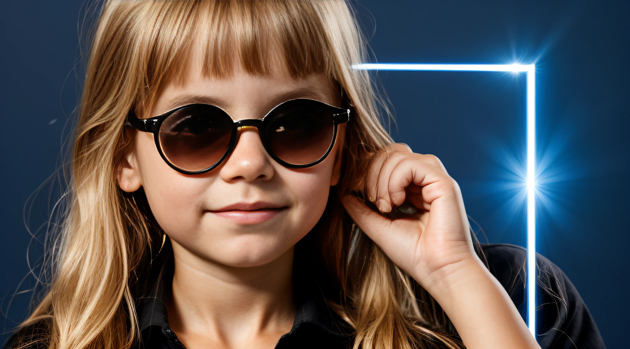 close-up CHILD BLONDE GIRL WITH VERY LONG HAIR, in a black blouse and sunglasses, lasers azuis, fundo vermelho