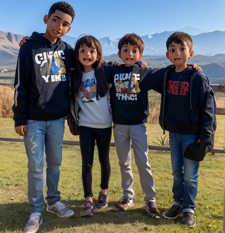 4 kids, 3 boys and a girl, posing with a mountain backdrop.
