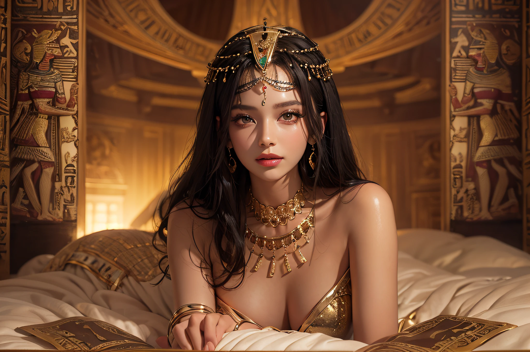 Sexy mature Cleopatra,Cleopatra,Ancient Egyptian palace,wearing ancient egyptian clothing,Ancient Egyptian decorated rooms,Ancient egyptian arranged background,Lie on the big bed(An extremely delicate and beautiful work:1.2)a very beautiful and sexy woman, Sexy and seductive, Have perfect body proportions,Tight and sexy body(Bigboobs)Perfect body curves,Moisturizes skin,clear skin texture,moist skin feeling(Advanced skin details:1.1)attractive smile,Flawless Face,black long straight hair,clear hair texture,Delicate hair(Quality hair details:1.1)egyptian dancer costume,Beautiful and delicate eyebrows and eyelashes,pretty eye makeup,Clear eye details,8K (Advanced eye detail:1.1)Sensual lips(Perfect lip shape)(seduct smile) The optimal ratio of four fingers and one thumb,Wearing gold earrings,golden necklace,Golden bangles,Gold anklet,Gold-tone waist chain,Headgear,Gold foil series,Cleopatra series,Master of photography,Perfect masterpiece,Best Picture Quality,ultra - detailed, 超高分辨率, realistically, RAW photos