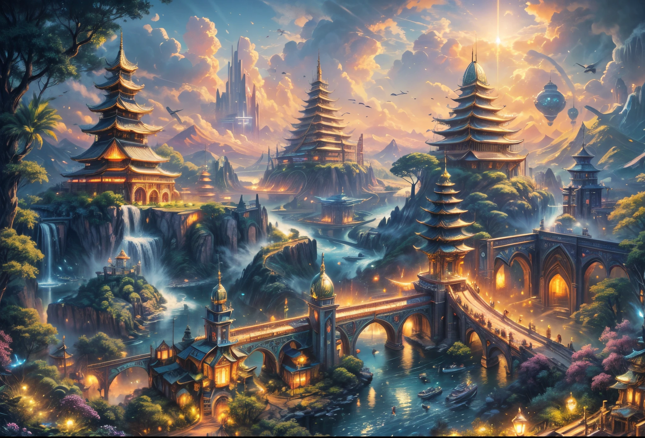 (((A utopian world with futuristic science fiction and fairy tale elements,Mechanical metal combined with classical mythological elements))),(In this illustration of a utopian world,Describe a fairy tale、An ideal country with science fiction elements。The background is a majestic city,The architectural style combines futuristic and sci-fi elements。Soaring towers and modern glass buildings complement ancient pavilions and temples。The city is surrounded by a verdant forest and clear river,Showing the harmonious coexistence of man and nature。In the heart of the city),(There is a huge secret garden,There are all kinds of fantastic plants and creatures growing inside。There are trees that can talk.、Singing birds and various cute animals。In the corner of the garden,There is a huge castle,Its towers reach into the sky)。(science fiction elements:in this utopian world,Technology and nature coexist harmoniously。High-speed maglev trains shuttle through the city,People are flying freely in the air in environmentally friendly aircraft.。Cities are powered by solar energy、Renewable resources such as wind and water energy,Guaranteed ecological sustainable development)。(Cultures:in this utopian world,Cultures of various countries coexist harmoniously,People respect and learn from each other's traditions and customs。There are various styles of buildings in the city、Sculpture and Artwork,Showcasing the essence of cultures from around the world), (The is very detailed, Well designed, Clear lines, k hd, Best quality at best, tmasterpiece, offcial art, movie light effect, 8K), (Perspectives, first person perspective, Ghibli-style colors, Luminism, 电影灯光, hyper HD, tmasterpiece, acurate, Anatomically correct, ctextured skin, super detailing, high detal, high qulity, Award-Awarded, Best quality at best, 16k), ((RGB palette,Ultra-high saturation,Fine picture))