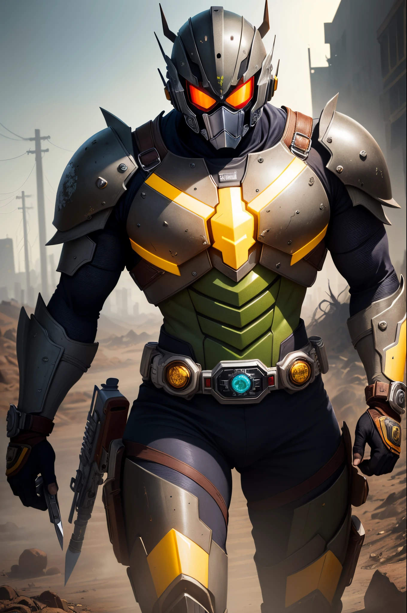 The wasteland-themed Kamen Rider is called "Kamen Rider Wasteland"。

Appearance-wise，Kamen Rider Wasteland's entire body is painted in a wasteland style，The colors are mainly dark gray and sandy yellow。Part of the design of his helmet was inspired by worn-out helmets found in the wasteland.，It's covered in cracks and rust。His eye device is a pair of wasteland yellow compound eyes，Able to provide a wide field of view and night vision capabilities。His  armor and shoulder armor are made of a rough metal material，Gives people a sense of heaviness and wasteland atmosphere。

In terms of weapons，Kamen Rider Wasteland is equipped with a long sword weapon called the "Wasteland Long Sword"。This sword is made from worn steel found in the wasteland，The blade is sharp，Able to cut off enemies easily。He is also equipped with a pistol，called "The Revenant"，Able to fire wasteland-style energy bullets。

In terms of power，Kamen Rider Wasteland uses a mysterious energy called "Wasteland Core"。This energy is extracted from wasteland，Able to provide Kamen Rider Wasteland with great strength and endurance。

Kamen Rider Wasteland is a brave warrior，He wears wasteland style armor，Holding a wasteland style weapon，Able to travel freely in the wasteland world，Fight to protect humanity。His presence，Symbolizing hope and light in the wasteland。