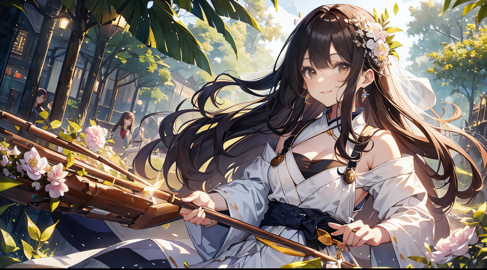 ((tmasterpiece:1.4, Best quality at best))+, (hyper-detailing)+, (Delicate brown eyes:1.5)+, Blind girl,(Meticulous ears:1.5), (cute girls), (Exquisite and gorgeous Hanfu:1.5), Long hair details, curlies, (wariza:1.2), pale-skinned, (Yellow cloth:1.5), (long white pants:1.4), wine jugs, fresh flowers, long wooden staff,green leaf,aprons,Floating stones,floating lights,old castle, bazaars,Giant wood, (drunkard:1.1), (dawn light:1.2), ), (Close-up cleavage:1.1), (elevation perspective:1.3), forehead jewel, Colored inner hair, Striped hair, Happy smile, disarray's gem branch, a brown haired one, first person perspective,the only person,