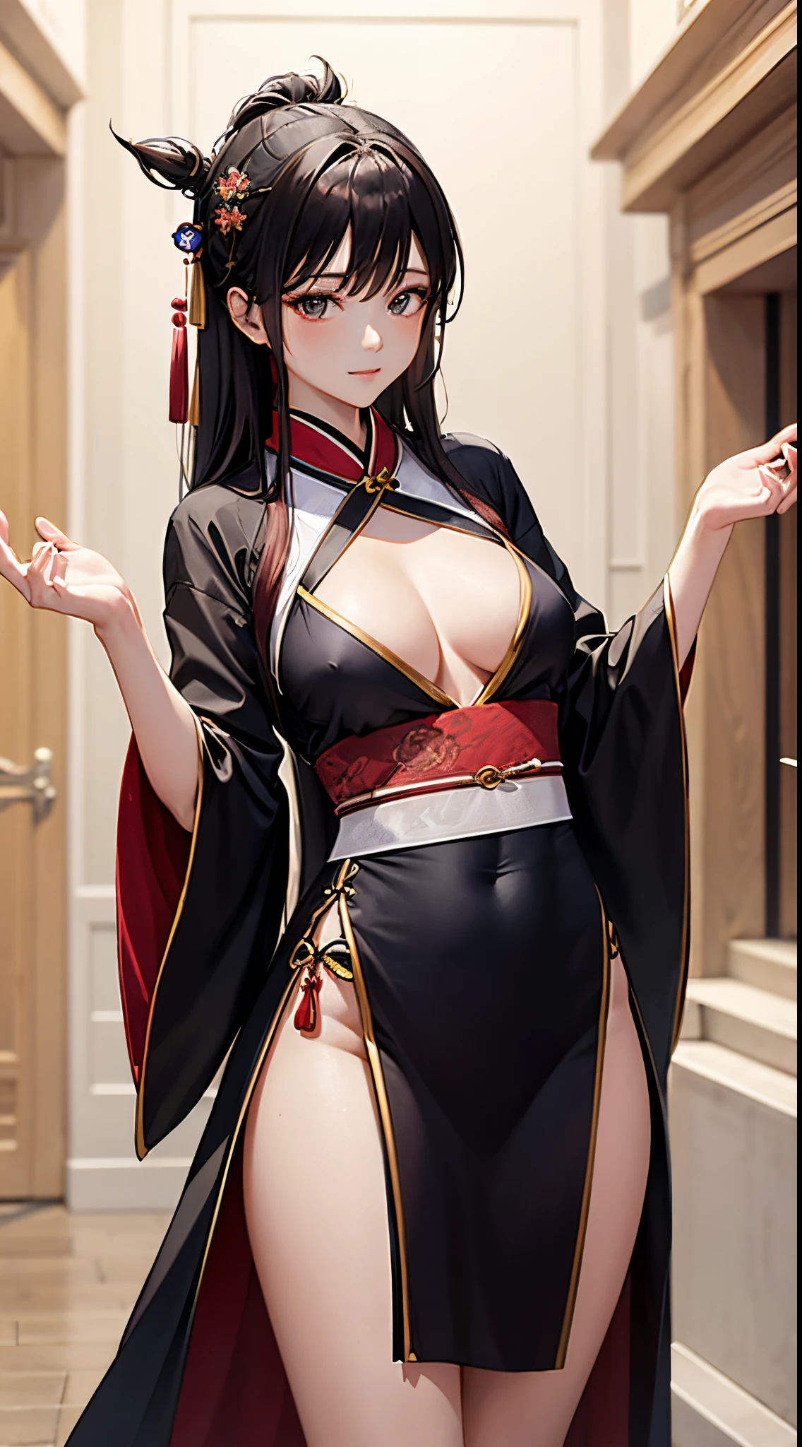 Immortal wearing Hanfu。Fly in the air。。There is a jade pendant hanging on the body。The thighs are dressed in black silk。Royal sister。ellegance。