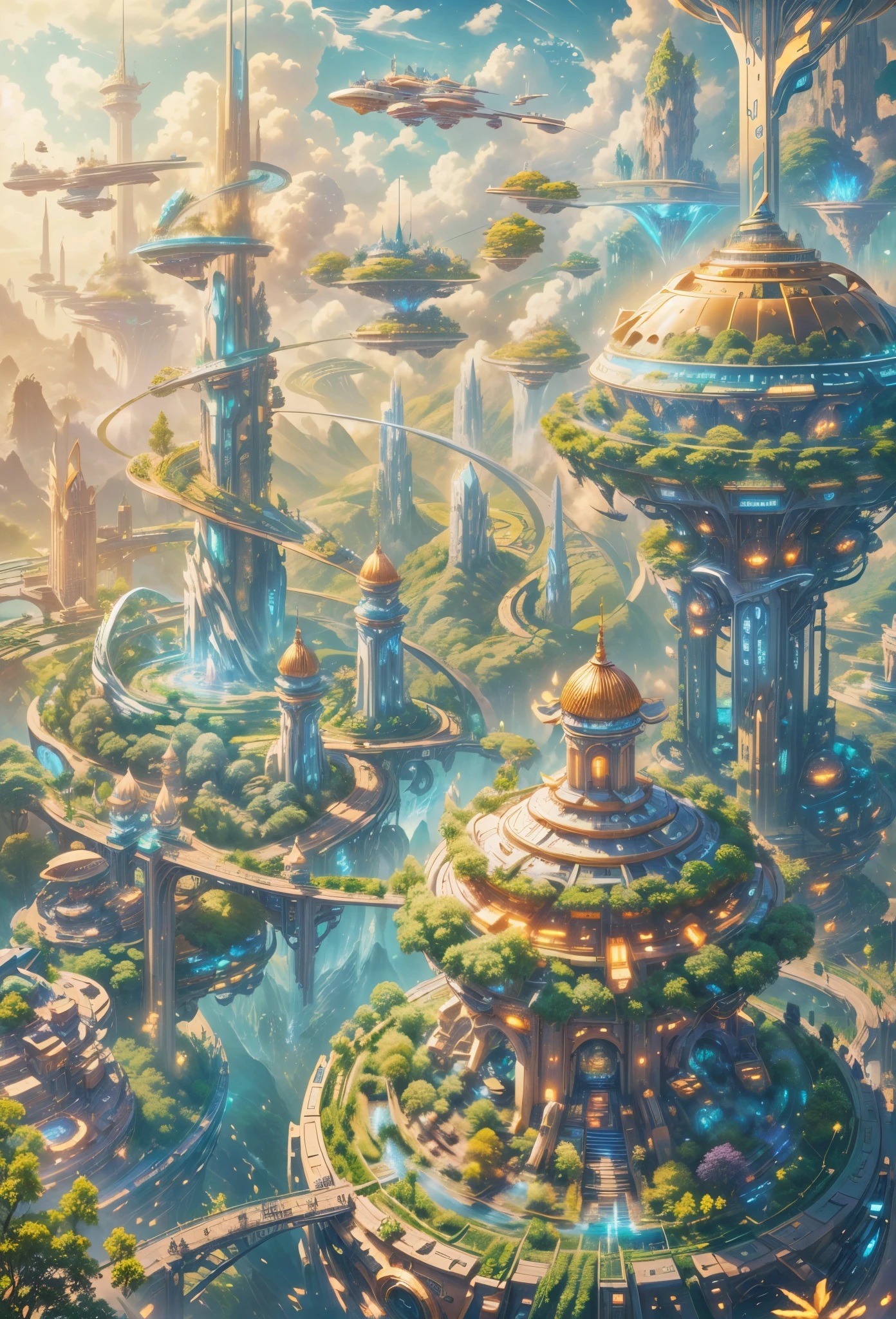 (((A utopian world with futuristic science fiction and fairy tale elements，Mechanical metal combined with classical mythological elements)))，(In this illustration of a utopian world，Describe a fairy tale、An ideal country with science fiction elements。The background is a majestic city，The architectural style combines futuristic and sci-fi elements。Soaring towers and modern glass buildings complement ancient pavilions and temples。The city is surrounded by a verdant forest and clear river，Showing the harmonious coexistence of man and nature)，(There is a huge secret garden in the center of the city，There are all kinds of fantastic plants and creatures growing inside。There are trees that can talk.、Singing birds and various cute animals。In the corner of the garden，There is a huge castle，Its towers reach into the sky)。(science fiction elements：in this utopian world，Technology and nature coexist harmoniously。High-speed maglev trains shuttle through the city，People are flying freely in the air in environmentally friendly aircraft.。Cities are powered by solar energy、Renewable resources such as wind and water energy，Guaranteed ecological sustainable development)。(Cultures：in this utopian world，Cultures of various countries coexist harmoniously，People respect and learn from each other&#39;s traditions and customs。There are various styles of buildings in the city、Sculpture and Artwork，Showcasing the essence of cultures from around the world), (The is very detailed, Well designed, Clear lines, k hd, Best quality at best, tmasterpiece, offcial art, 8K), ((RGB palette，Ultra-high saturation，Fine picture))