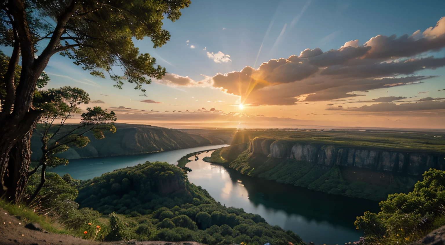 Alone by a lake looking at the horizon, high in the sky on a floating natural structure. Clouds. Waterfalls. Sunset. Orange. Forests. Moons. Alien. Sci-fi,