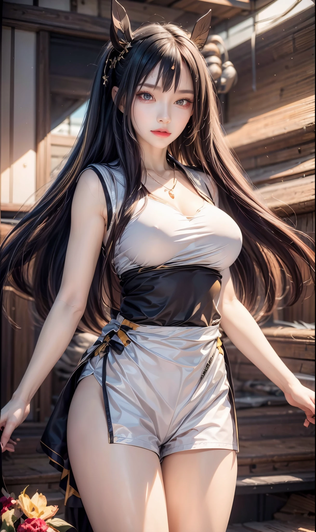 realistic, 1 women, best quality, 12k, HD, long hair, big round breasts, cleavage, ponytail, necklace, jewelry, shorts, short jacket, slim hips, hair tie, yellow eyes, black hair, super detailed, Eye details, hair details, person details, mouth details, face details, breast details, clothes details, hair details, pants details, hand details, whole body