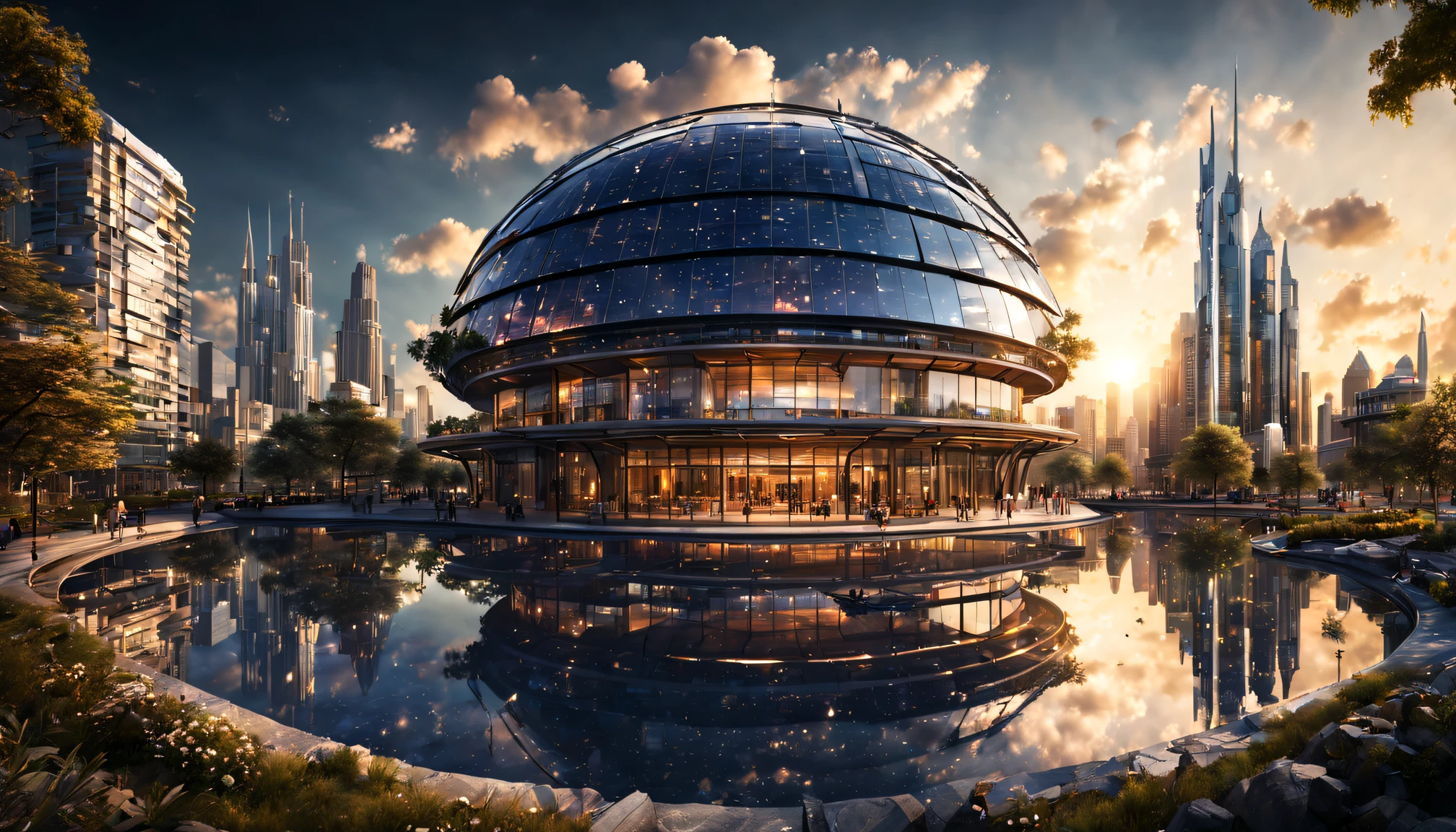 (Masterpiece, top quality, best quality, official art, beautiful and aesthetic:1.2), wide shot, panoramic, focused shot, ecological, vision, innovation, solarpunk place of worship modern building, solarpunk theme, Avant Garde architecture, (epic composition, epic proportion), shopping district, solar panel, clean city, dynamic lighting, bokeh, HD, UHD, 64K, ultra realistic, professional work, award winning, photography,