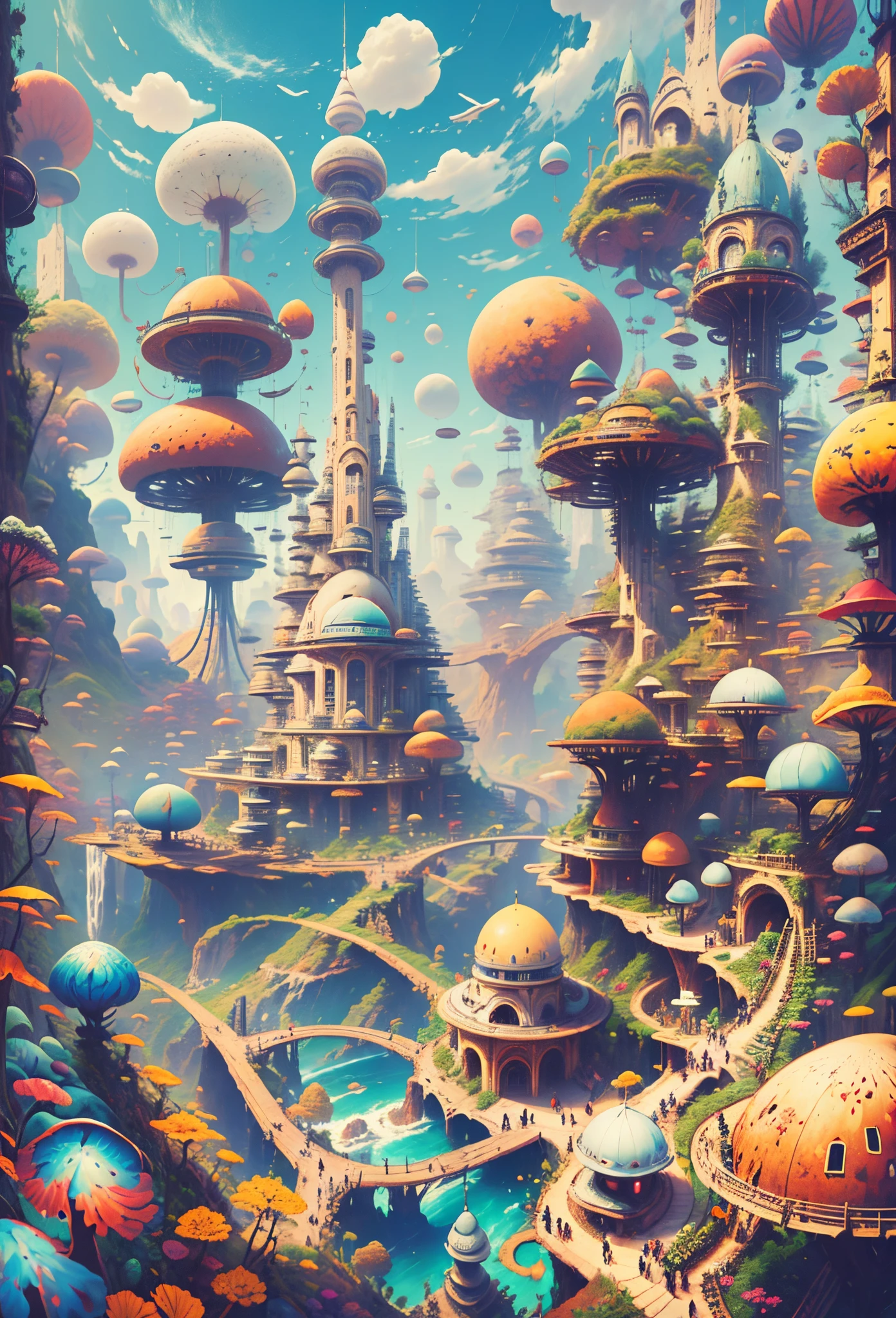 (((A utopian world with futuristic science fiction and fairy tale elements,Mechanical metal combined with classical mythological elements))),(In this illustration of a utopian world,Describe a fairy tale、An ideal country with science fiction elements。The background is a majestic city,The architectural style combines futuristic and sci-fi elements。Soaring towers and modern glass buildings complement ancient pavilions and temples。The city is surrounded by a verdant forest and clear river,Showing the harmonious coexistence of man and nature),(There is a huge secret garden in the center of the city,There are all kinds of fantastic plants and creatures growing inside。There are trees that can talk.、Singing birds and various cute animals。In the corner of the garden,There is a huge castle,Its towers reach into the sky)。(science fiction elements:in this utopian world,Technology and nature coexist harmoniously。High-speed maglev trains shuttle through the city,People are flying freely in the air in environmentally friendly aircraft.。Cities are powered by solar energy、Renewable resources such as wind and water energy,Guaranteed ecological sustainable development)。(Cultures:in this utopian world,Cultures of various countries coexist harmoniously,People respect and learn from each other's traditions and customs。There are various styles of buildings in the city、Sculpture and Artwork,Showcasing the essence of cultures from around the world), (The is very detailed, Well designed, Clear lines, k hd, Best quality at best, tmasterpiece, offcial art, 8K)