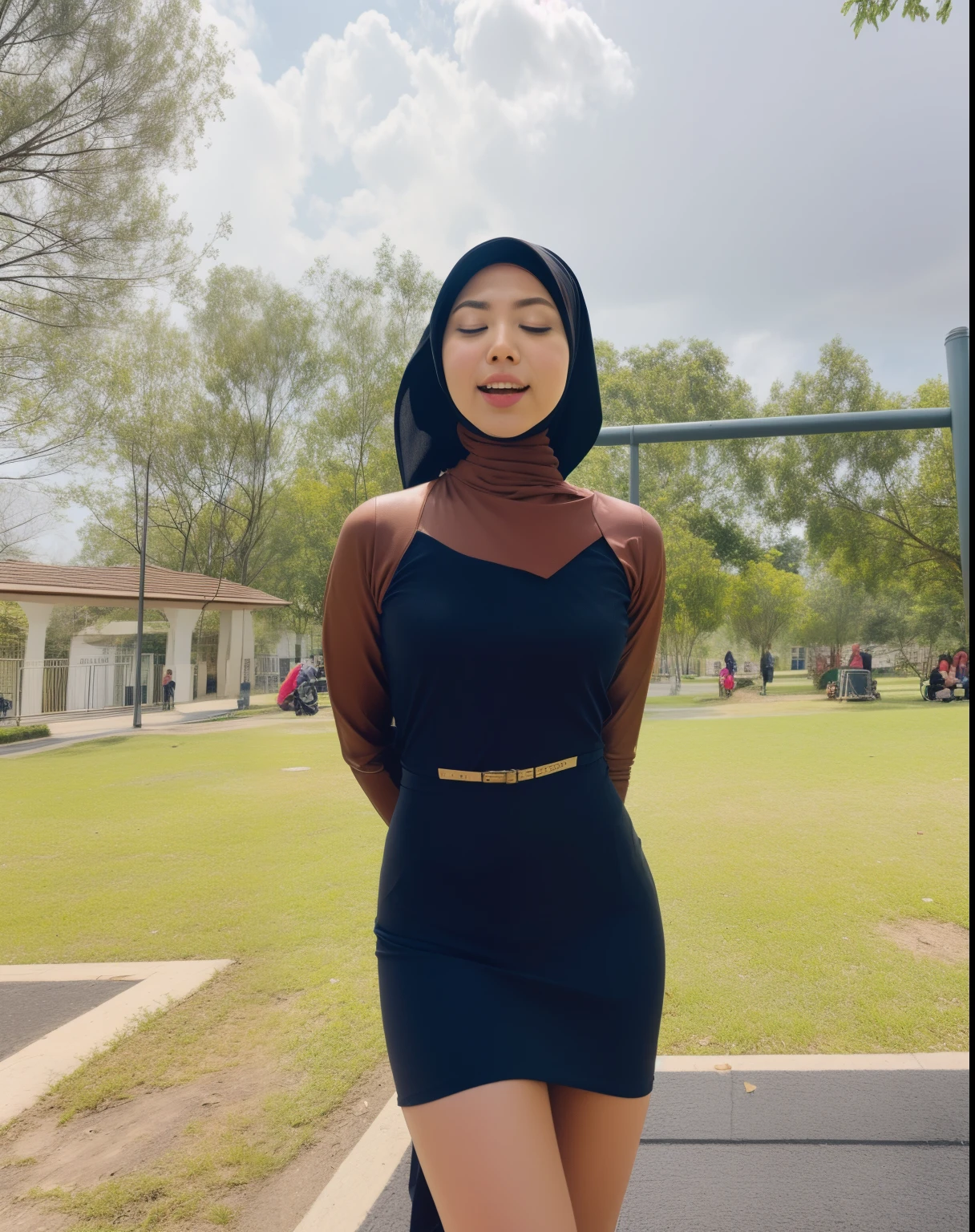 HIJAB MALAY GIRL,, IMF as a good Guy, TECHNOLGY, AI, futuristic, blockchain, International Monetary Fund, (MATRIX WORLD), ((look In front  at the camera CLOSED YOUR EYES and open your mouth)).