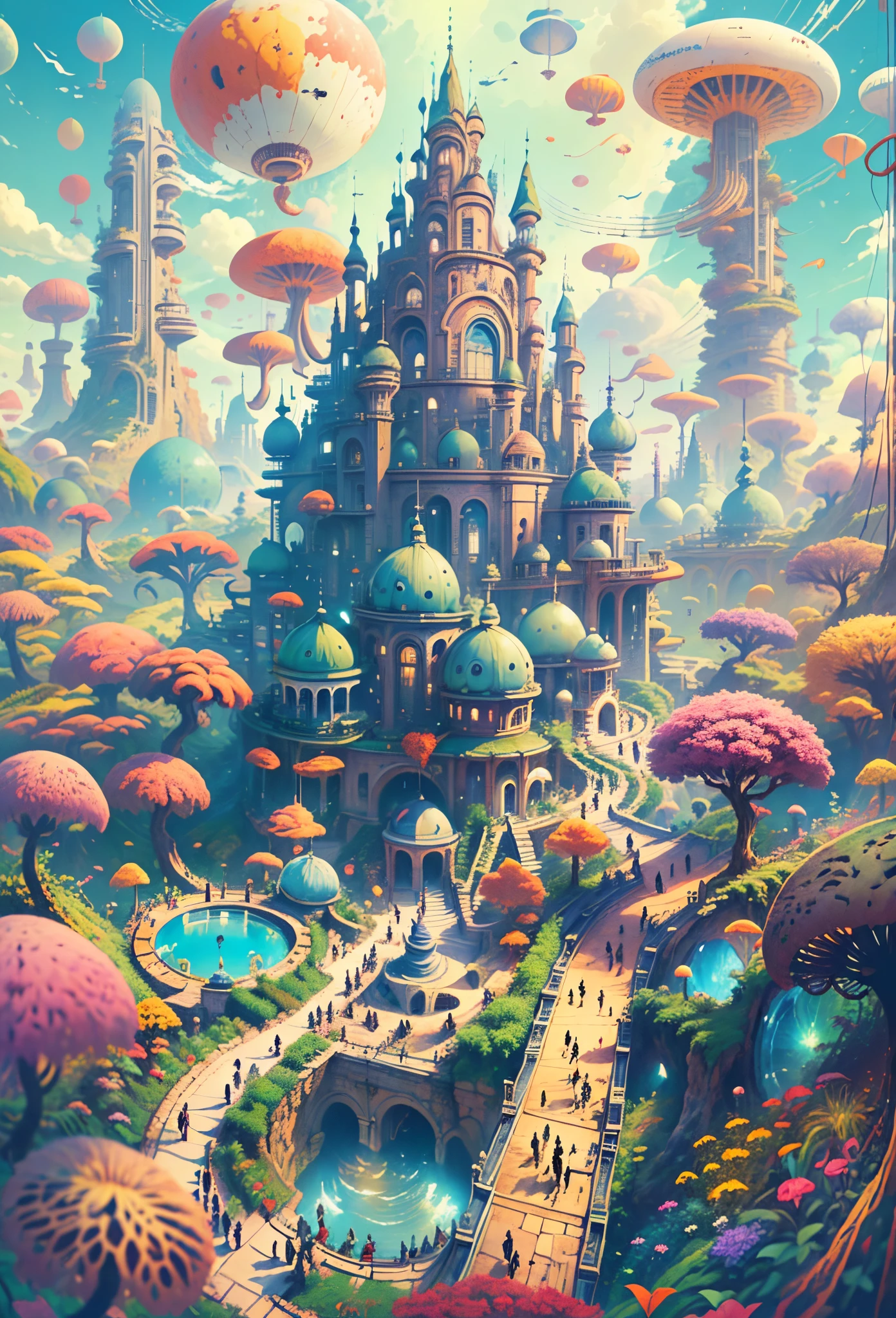(((A utopian world with futuristic science fiction and fairy tale elements,Mechanical metal combined with classical mythological elements))),(In this illustration of a utopian world,Describe a fairy tale、An ideal country with science fiction elements。The background is a majestic city,The architectural style combines futuristic and sci-fi elements。Soaring towers and modern glass buildings complement ancient pavilions and temples。The city is surrounded by a verdant forest and clear river,Showing the harmonious coexistence of man and nature),(There is a huge secret garden in the center of the city,There are all kinds of fantastic plants and creatures growing inside。There are trees that can talk.、Singing birds and various cute animals。In the corner of the garden,There is a huge castle,Its towers reach into the sky)。(science fiction elements:in this utopian world,Technology and nature coexist harmoniously。High-speed maglev trains shuttle through the city,People are flying freely in the air in environmentally friendly aircraft.。Cities are powered by solar energy、Renewable resources such as wind and water energy,Guaranteed ecological sustainable development)。(Cultures:in this utopian world,Cultures of various countries coexist harmoniously,People respect and learn from each other's traditions and customs。There are various styles of buildings in the city、Sculpture and Artwork,Showcasing the essence of cultures from around the world), (The is very detailed, Well designed, Clear lines, k hd, Best quality at best, tmasterpiece, offcial art, 8K)