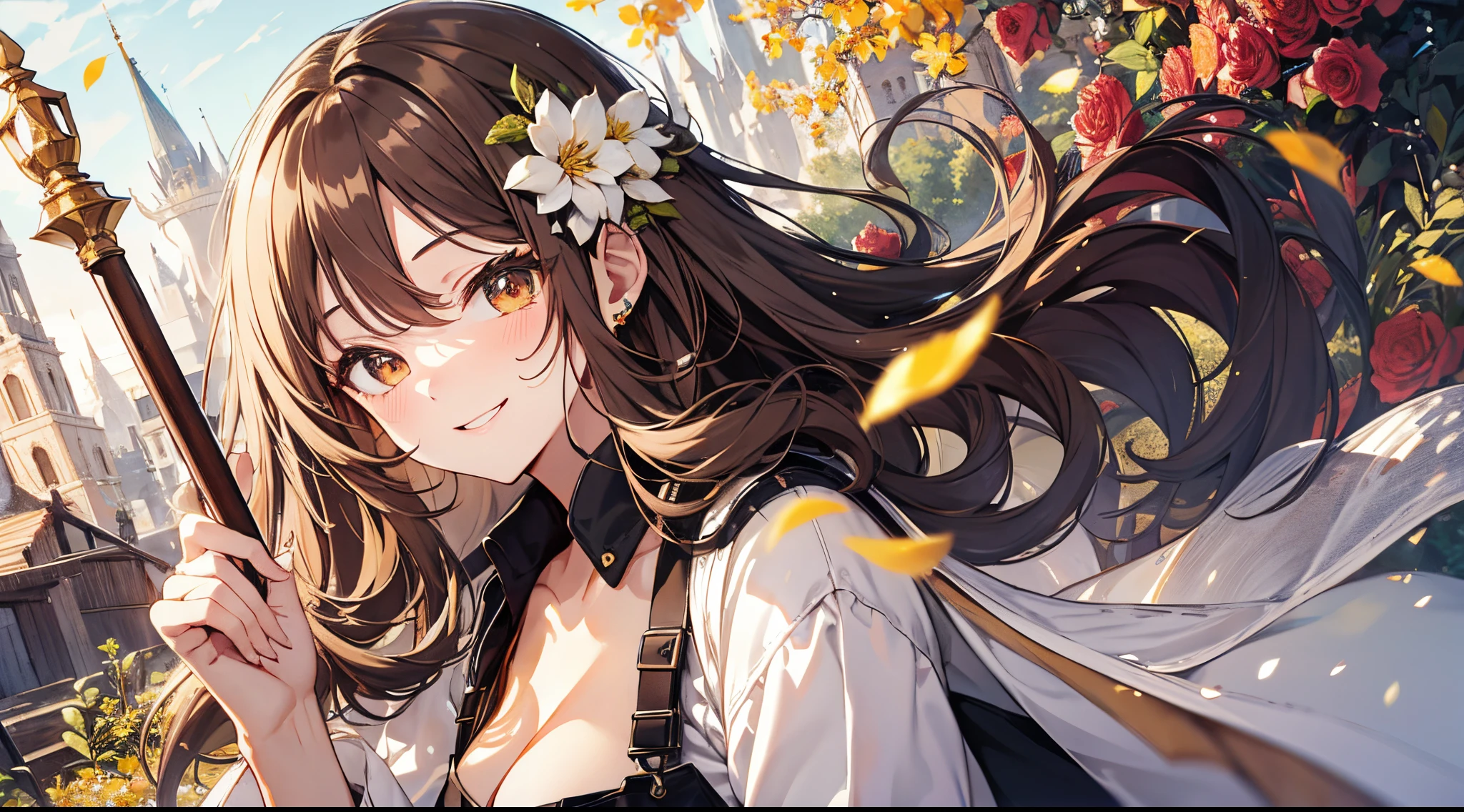 （（tmasterpiece：1.4, Best quality））+, （hyper-detailing）+, （Delicate brown eyes：1.5）+, Blind girl，（Meticulous ears：1.5）, （cute girls）, （Exquisite and gorgeous uniforms：1.5）, Long hair details, curlies, （wariza：1.2）, pale-skinned, （Yellow cloth：1.5）, （long white pants：1.4）, wine jugs, fresh flowers, long wooden staff，green leaf，aprons，Floating stones，floating light，old castle, bazaars，Giant wood, （pupils：1.1）, （dawn light：1.2）, ）, （Close-up cleavage：1.1）, (elevation perspective:1.3), forehead jewel, Colored inner hair, Striped hair, Happy smile, disarray&#39;s gem branch, Brown hair, first person perspective，the only person，