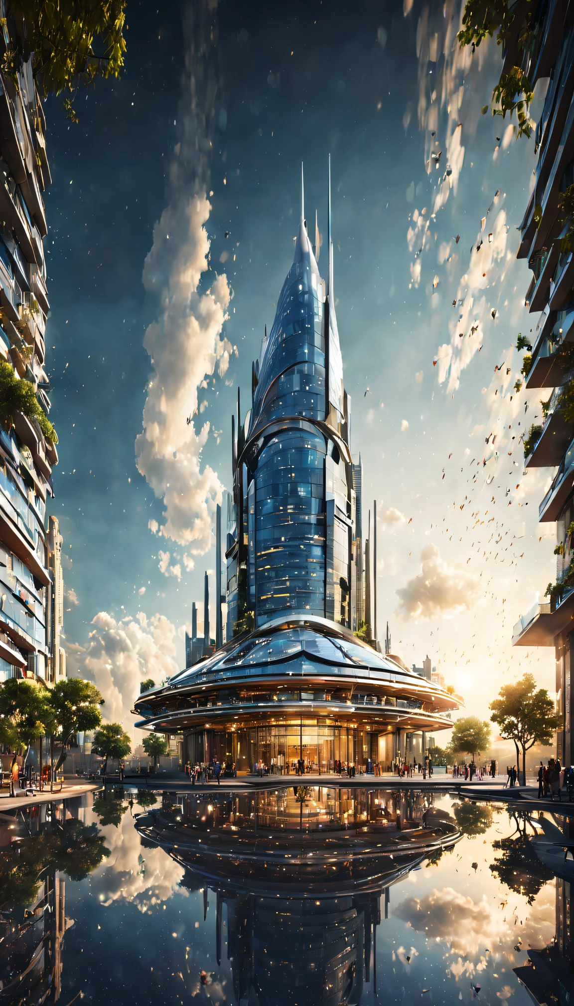 (Masterpiece, top quality, best quality, official art, beautiful and aesthetic:1.2), wide shot, panoramic, focused shot, ecological, vision, innovation, solarpunk place of worship modern building, solarpunk theme, Avant Garde architecture, (epic composition, epic proportion), shopping district, solar panel, clean city, dynamic lighting, bokeh, HD, UHD, 64K, ultra realistic, professional work, award winning, photography,