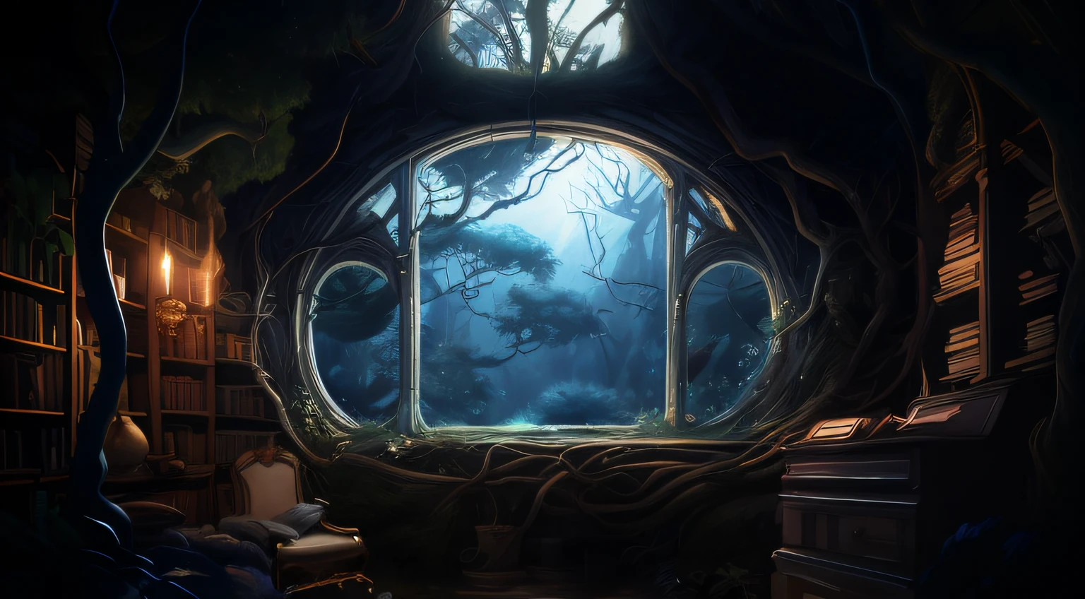 there is a window in the room with a view of the forest, magical environment, interior background art, cosy enchanted scene, steampunk forest background, background artwork, cartoon moody scene, realistic fantasy illustration, beautiful render of a fairytale, dark atmosphere illustration, large windows to forest at night, deep inside the forest, fantasy overgrown world, enchanted magical fantasy forest