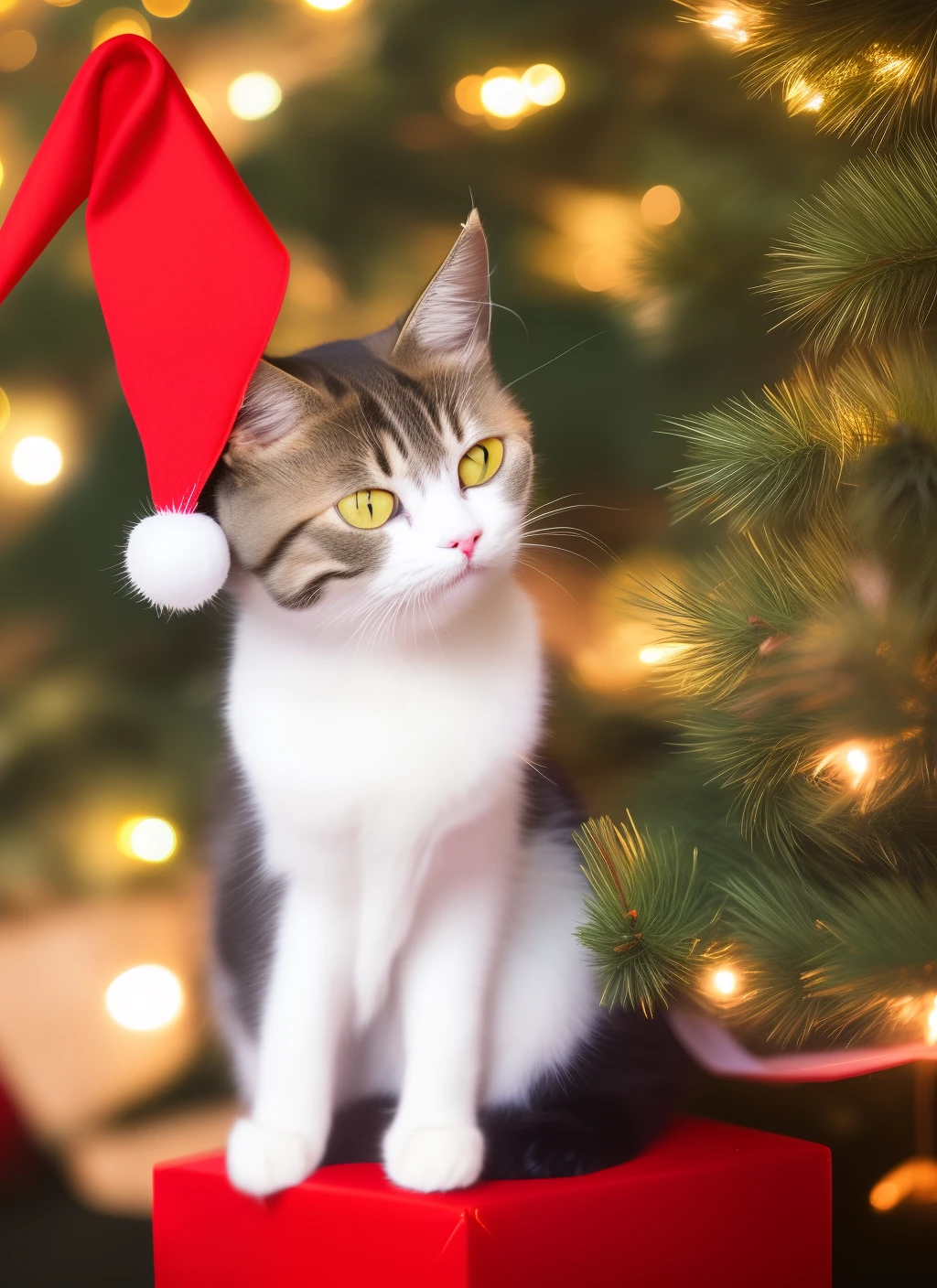 make me a cat profile picture. the cat must be wearing a santa hat and in christmas lights